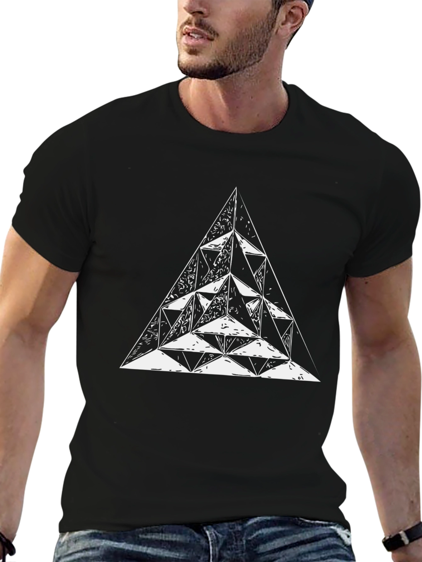 Geometric Triangle Graphic Tee - Black Cotton T-Shirt