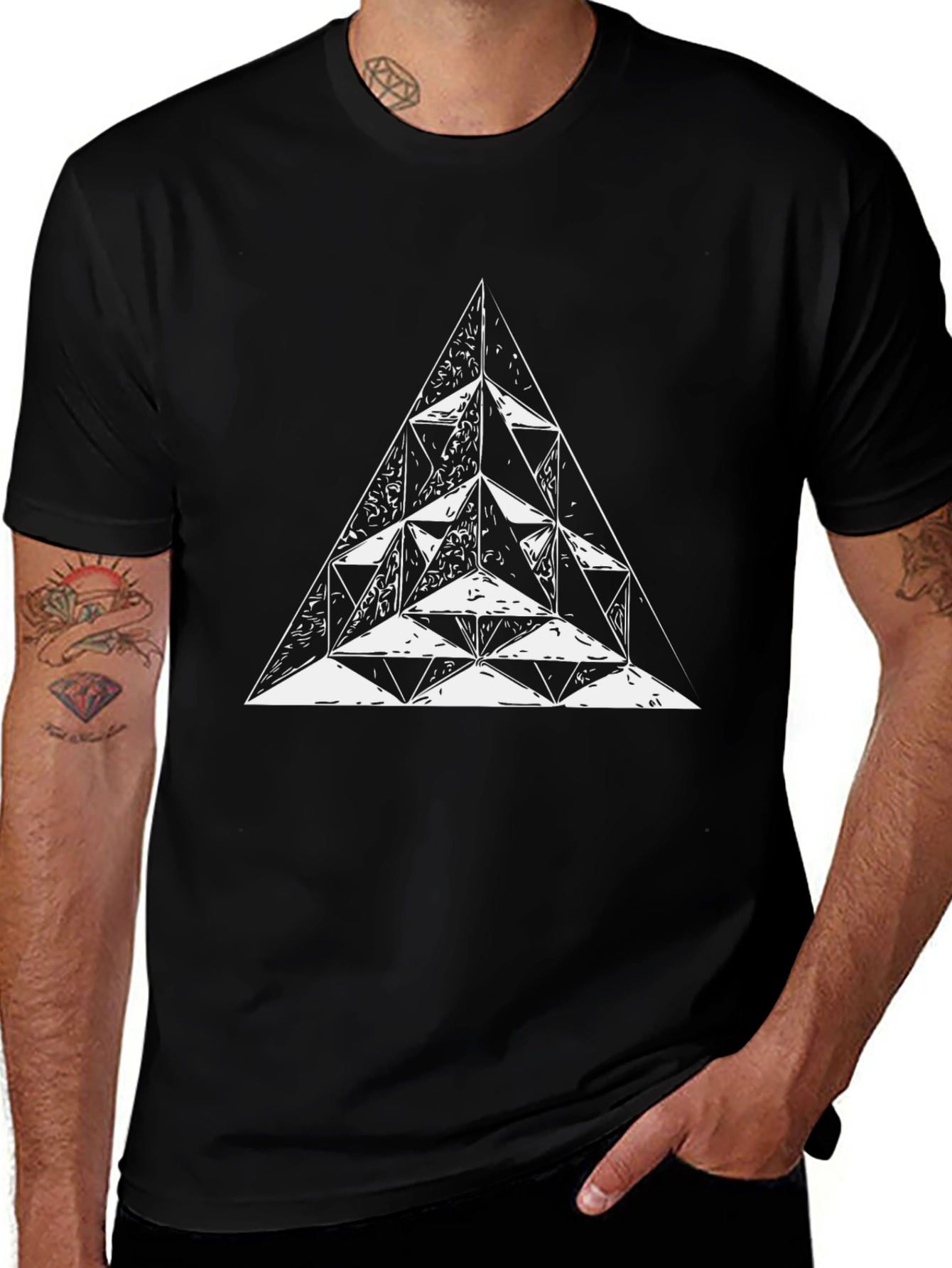 Geometric Triangle Graphic Tee - Black Cotton T-Shirt