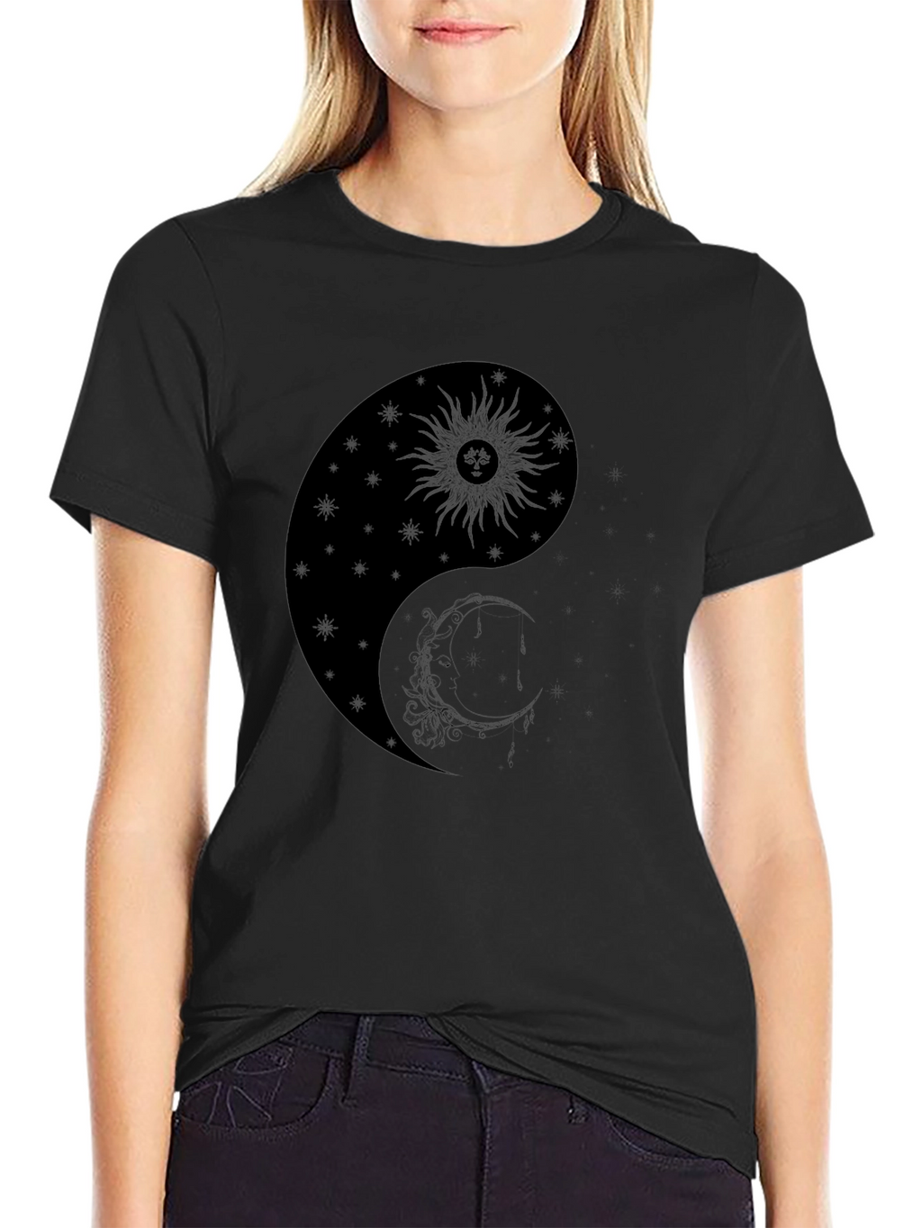 Yin Yang Sun & Moon Graphic T-Shirt - Black