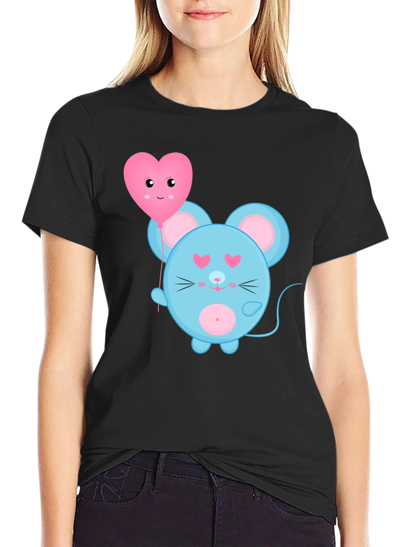 Cute Cartoon Mouse with Heart Balloon Graphic Tee