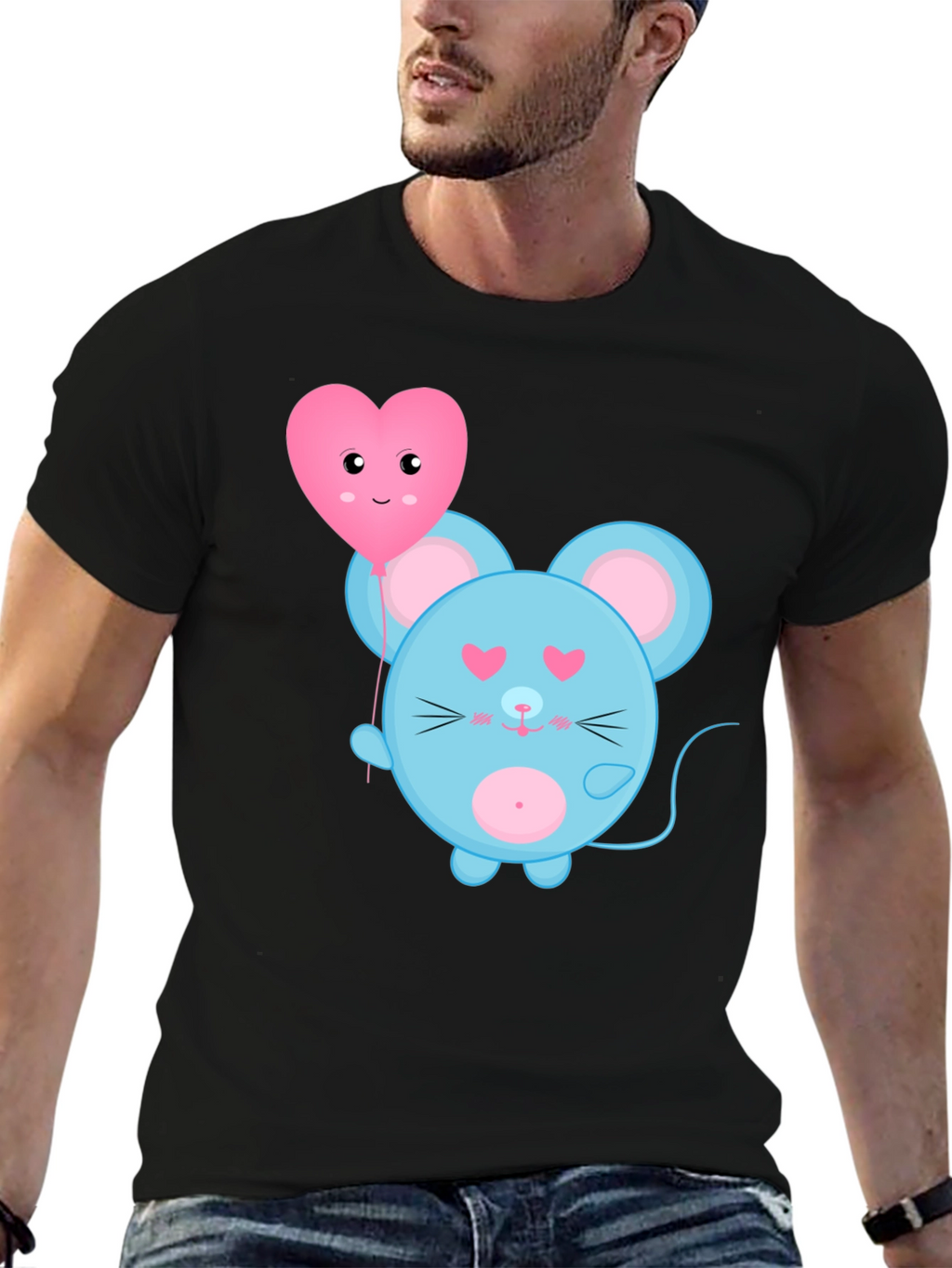 Cute Cartoon Mouse with Heart Balloon Graphic Tee