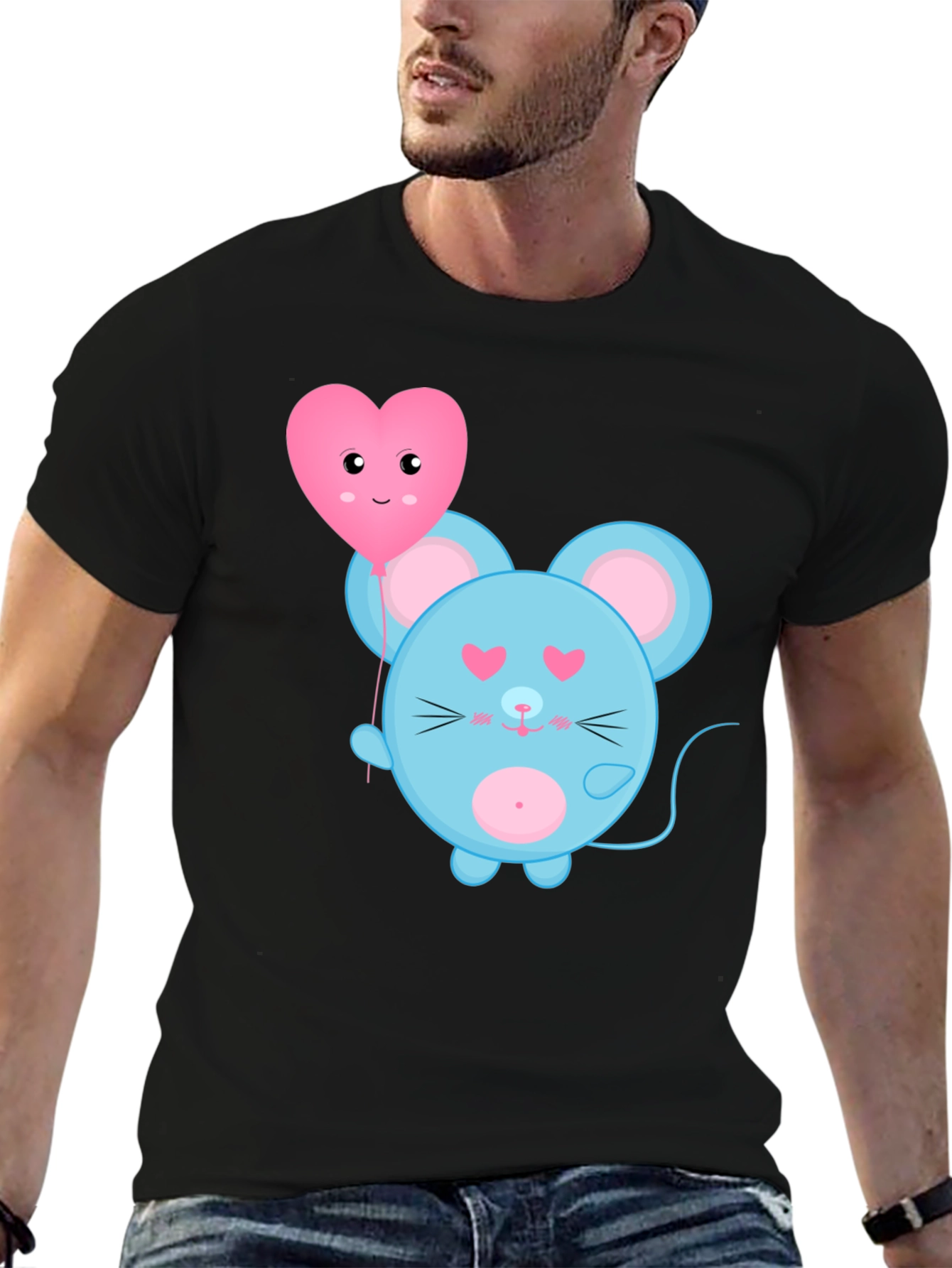 Cute Cartoon Mouse with Heart Balloon Graphic Tee