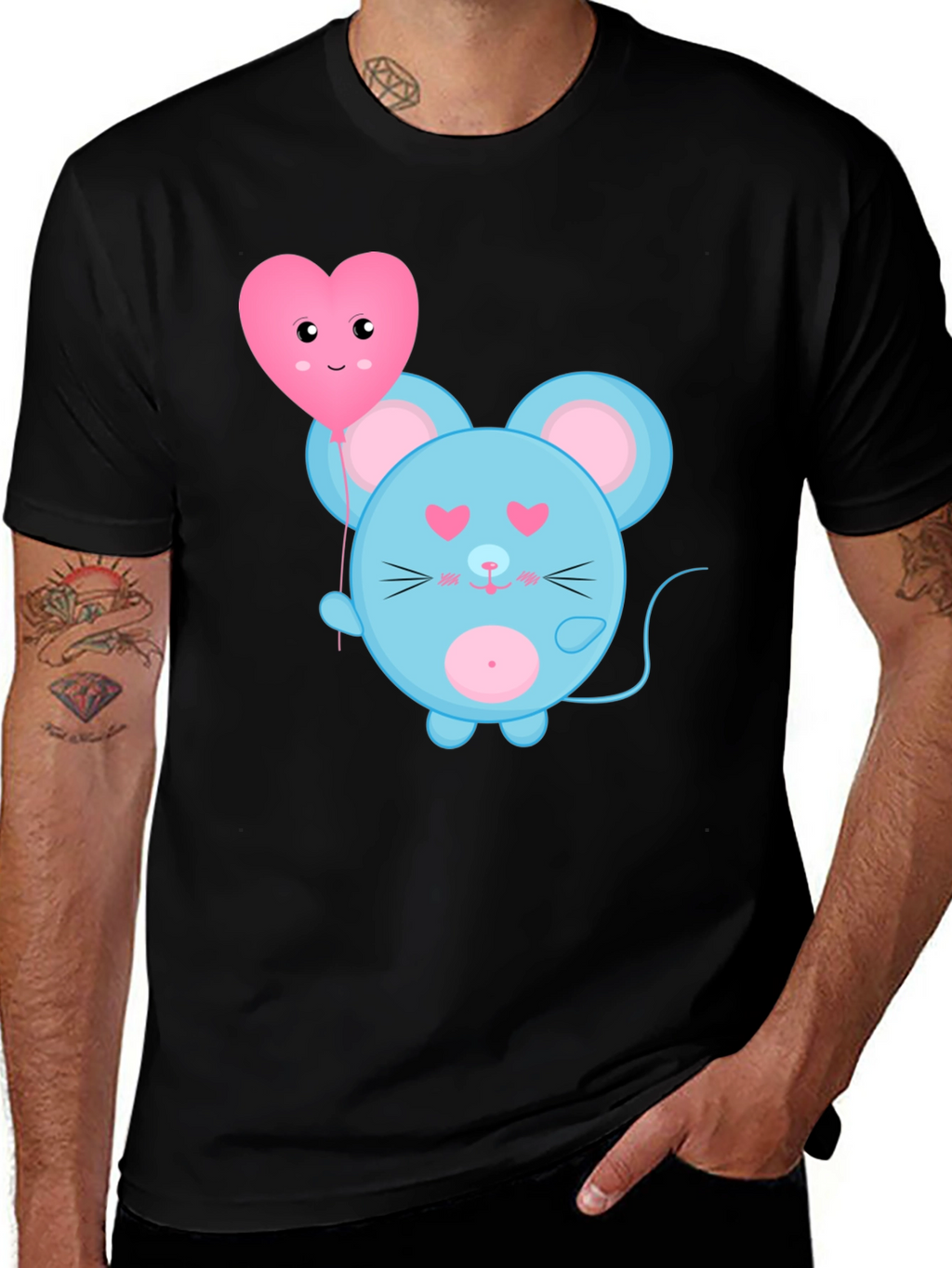 Cute Cartoon Mouse with Heart Balloon Graphic Tee