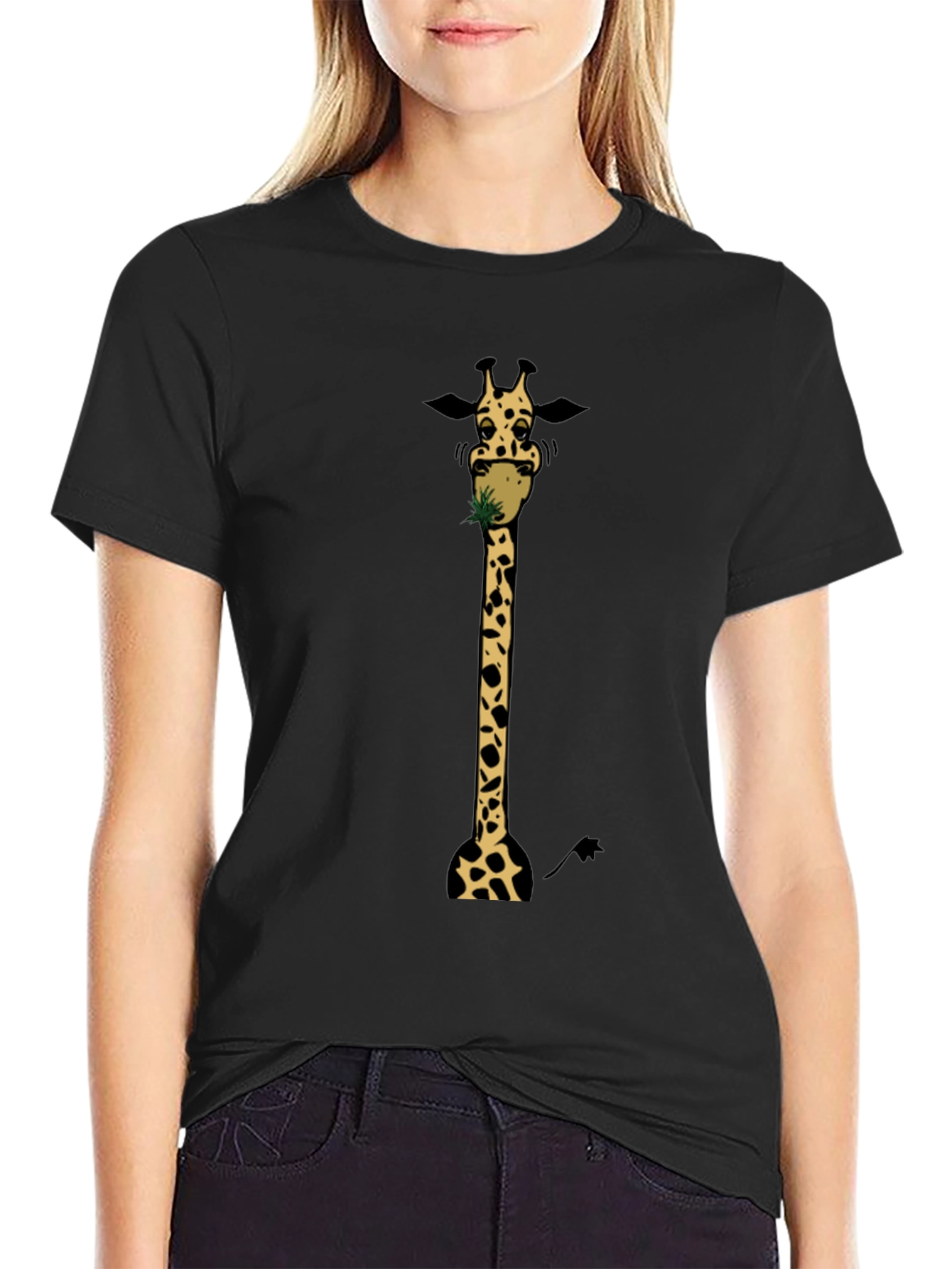 Giraffe Eating Graphic Tee - Black Cotton T-Shirt