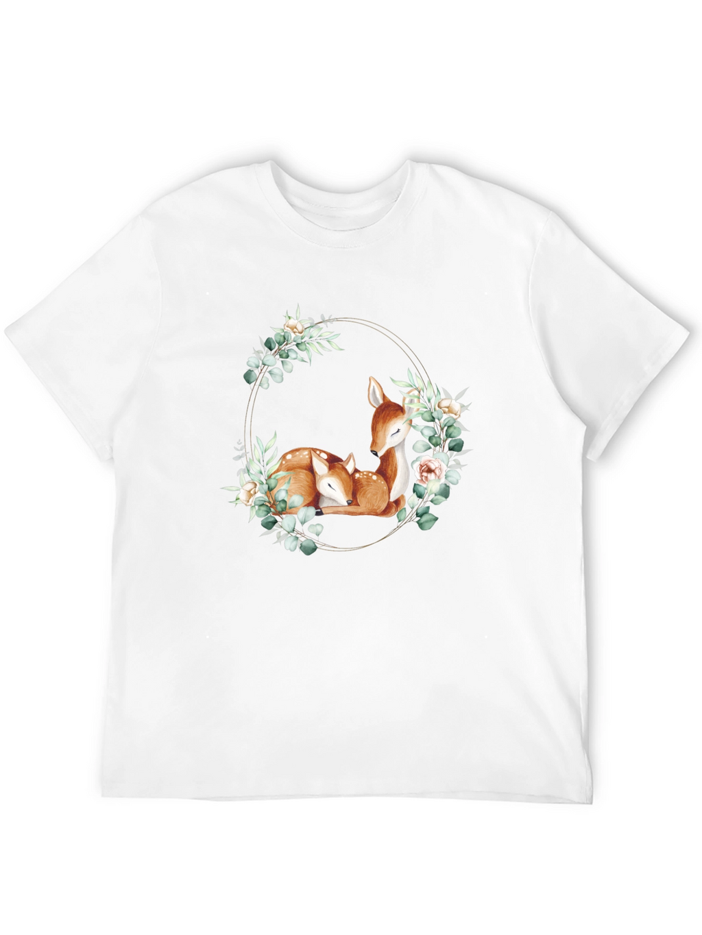 Deer Floral Wreath Black T-Shirt