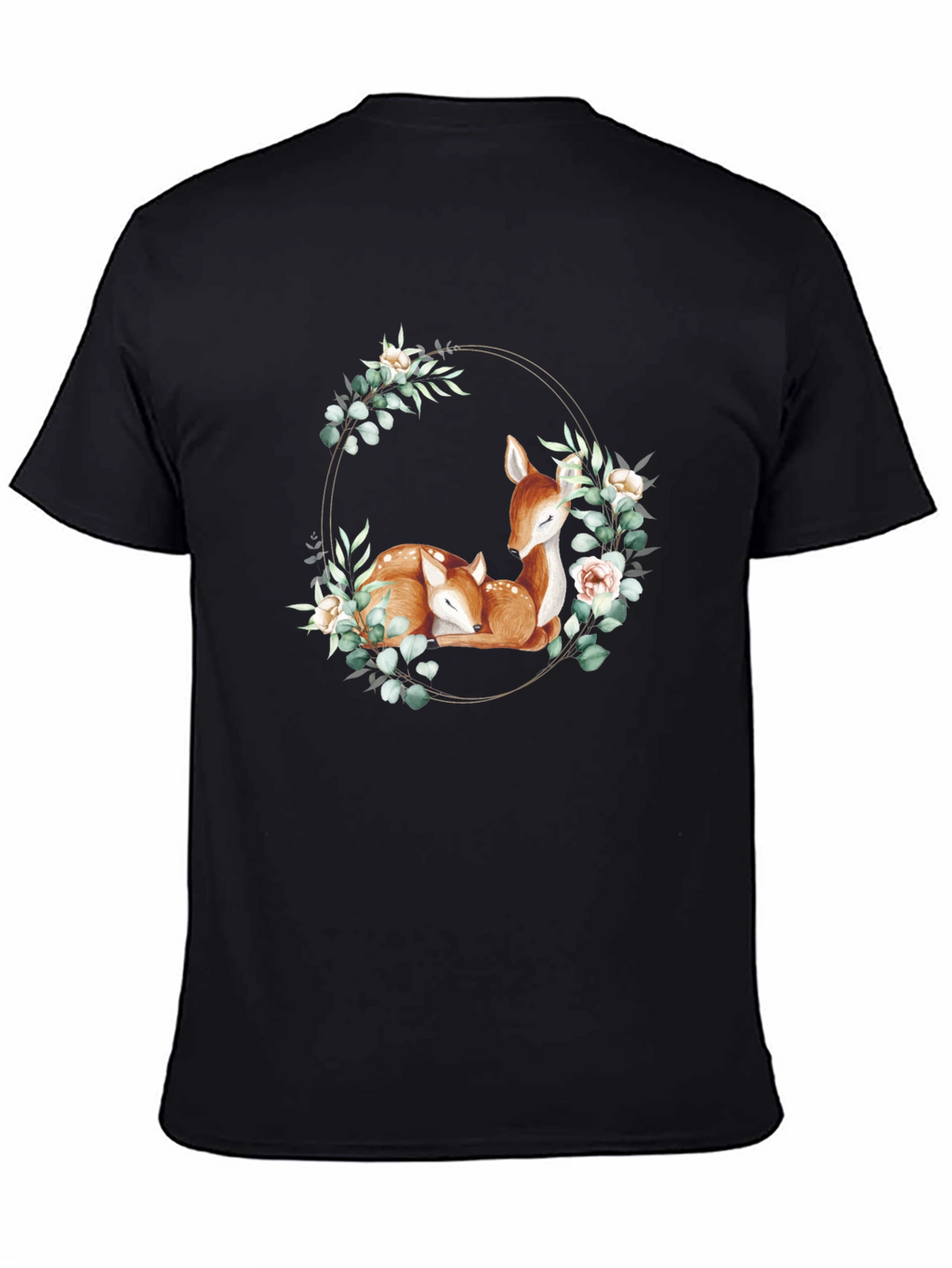 Deer Floral Wreath Black T-Shirt