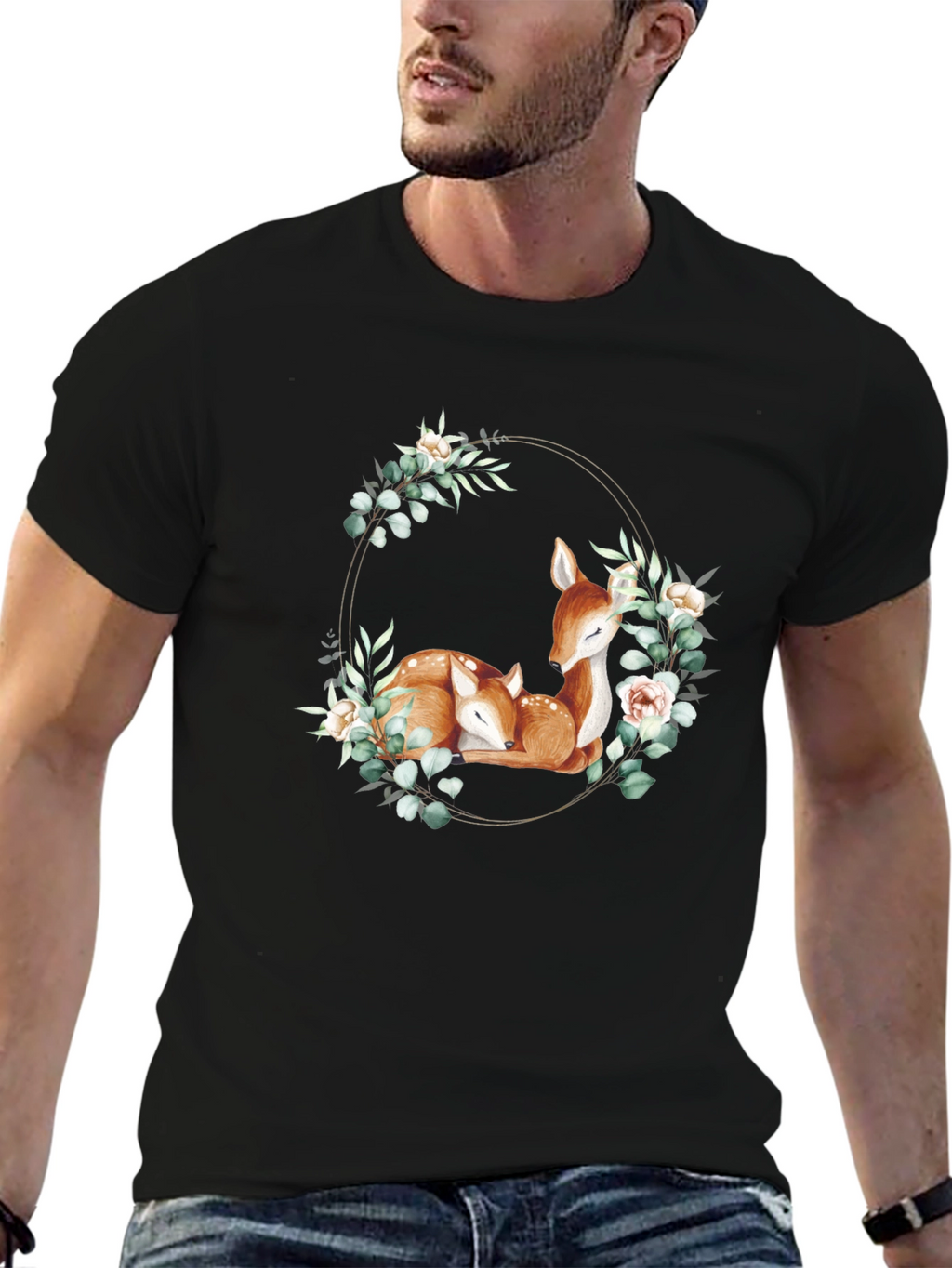 Deer Floral Wreath Black T-Shirt