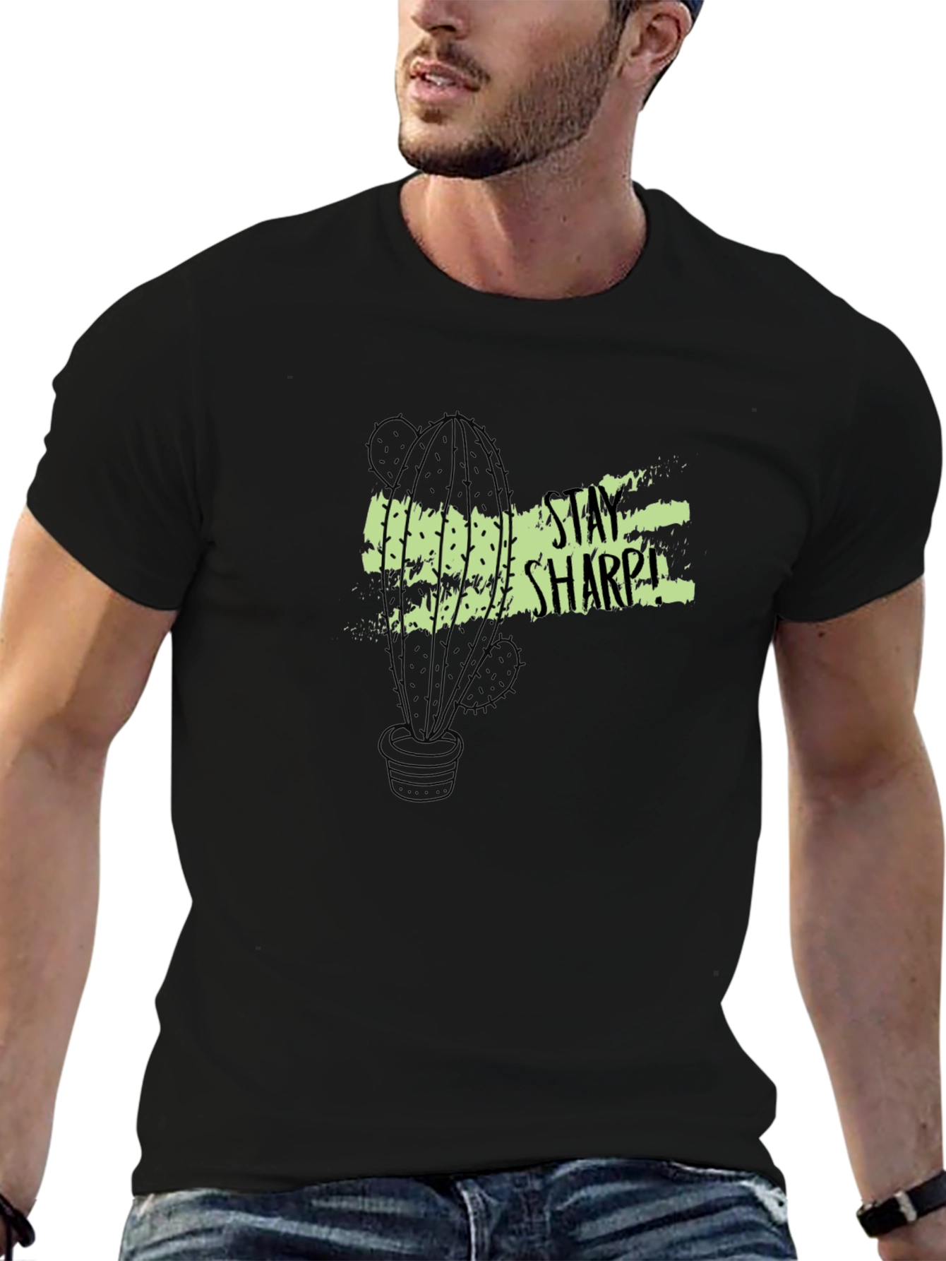 Stay Sharp Cactus Graphic Tee - Black Cotton T-Shirt