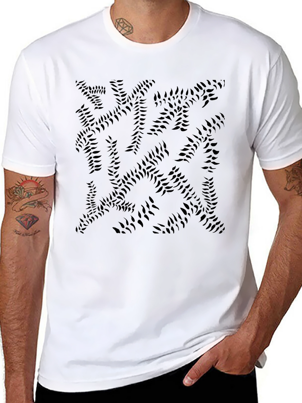 Abstract Leaf Print Black Crew Neck Tee