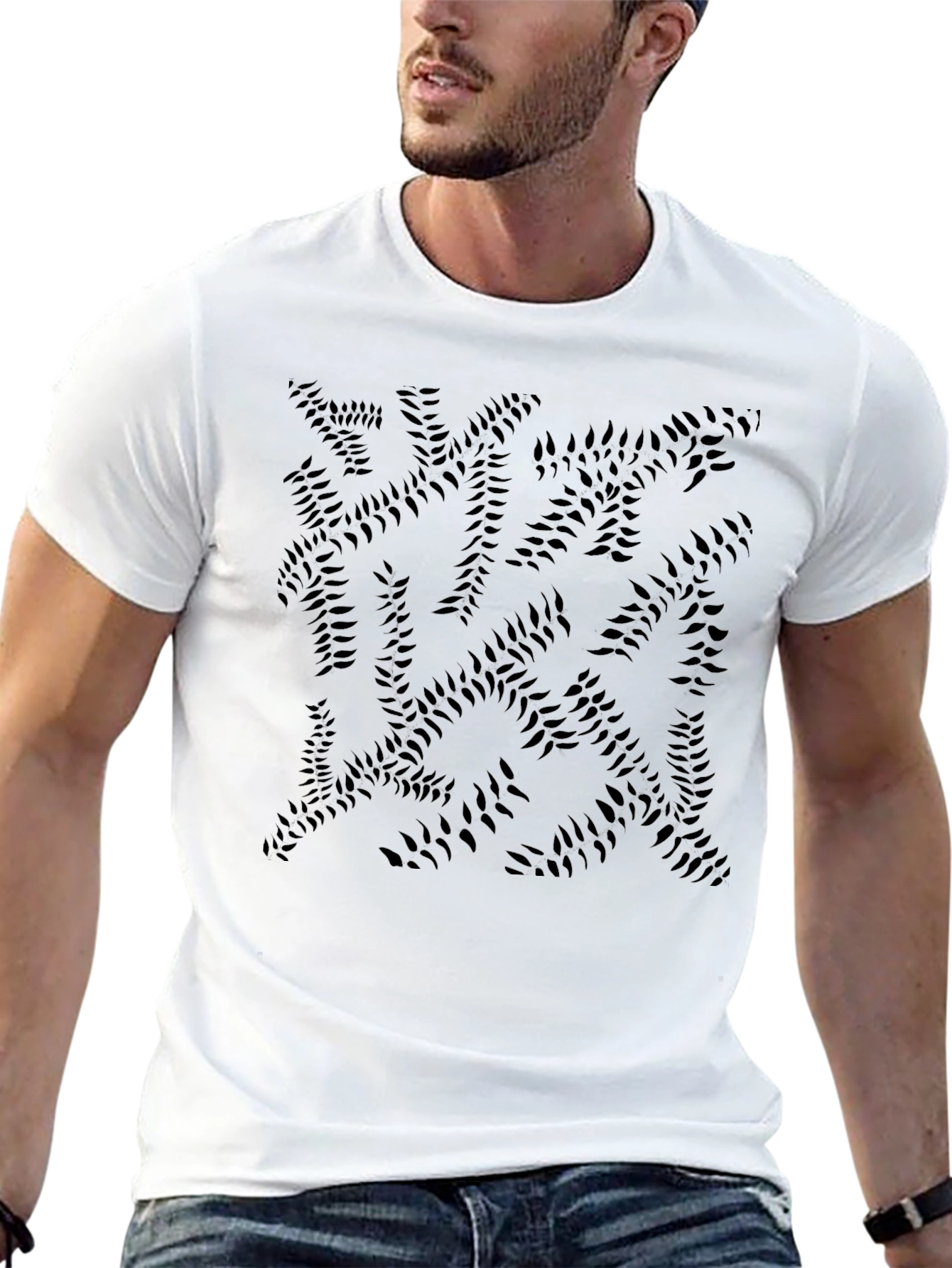 Abstract Leaf Print Black Crew Neck Tee