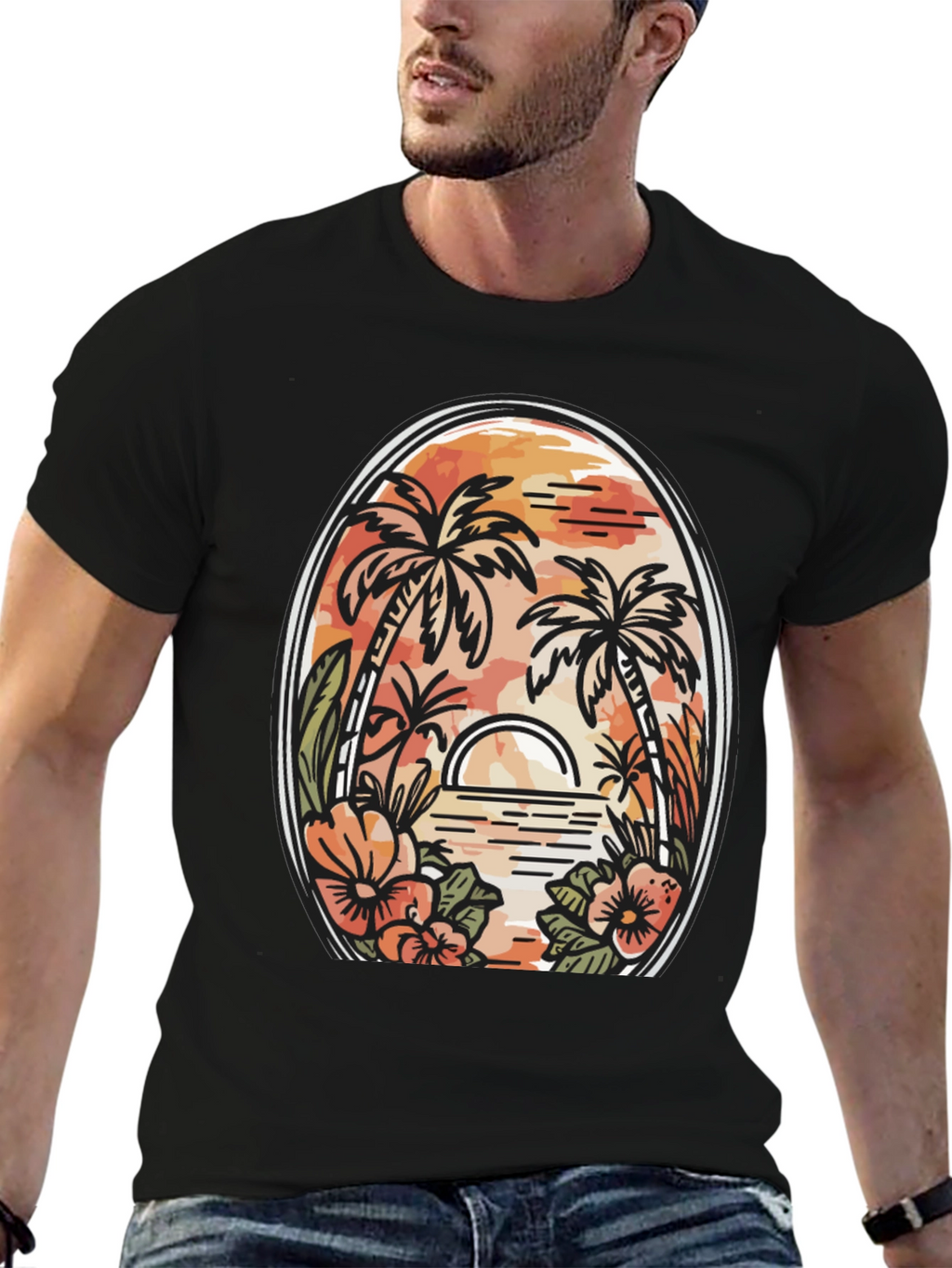 Tropical Sunset Graphic Tee - Black