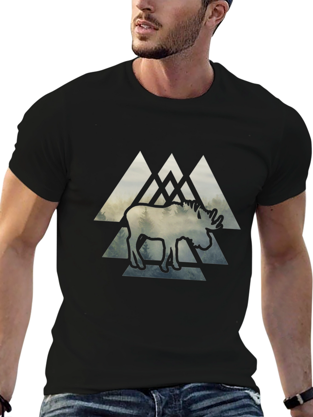 Moose Graphic Print Black T-Shirt