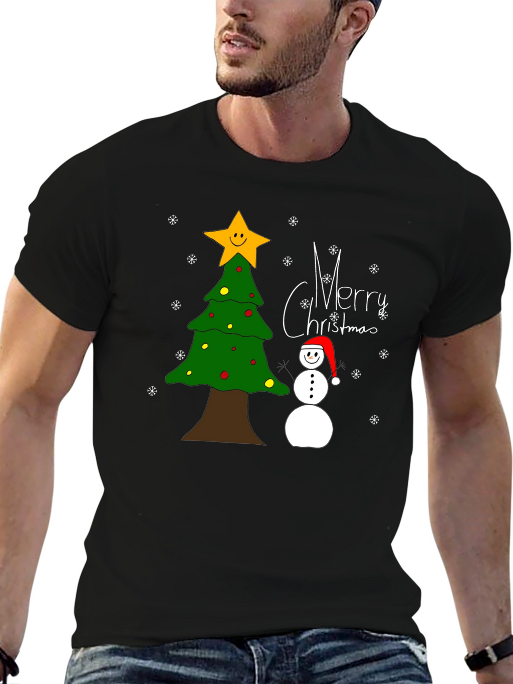 Festive Christmas T-Shirt with Tree and Snowman