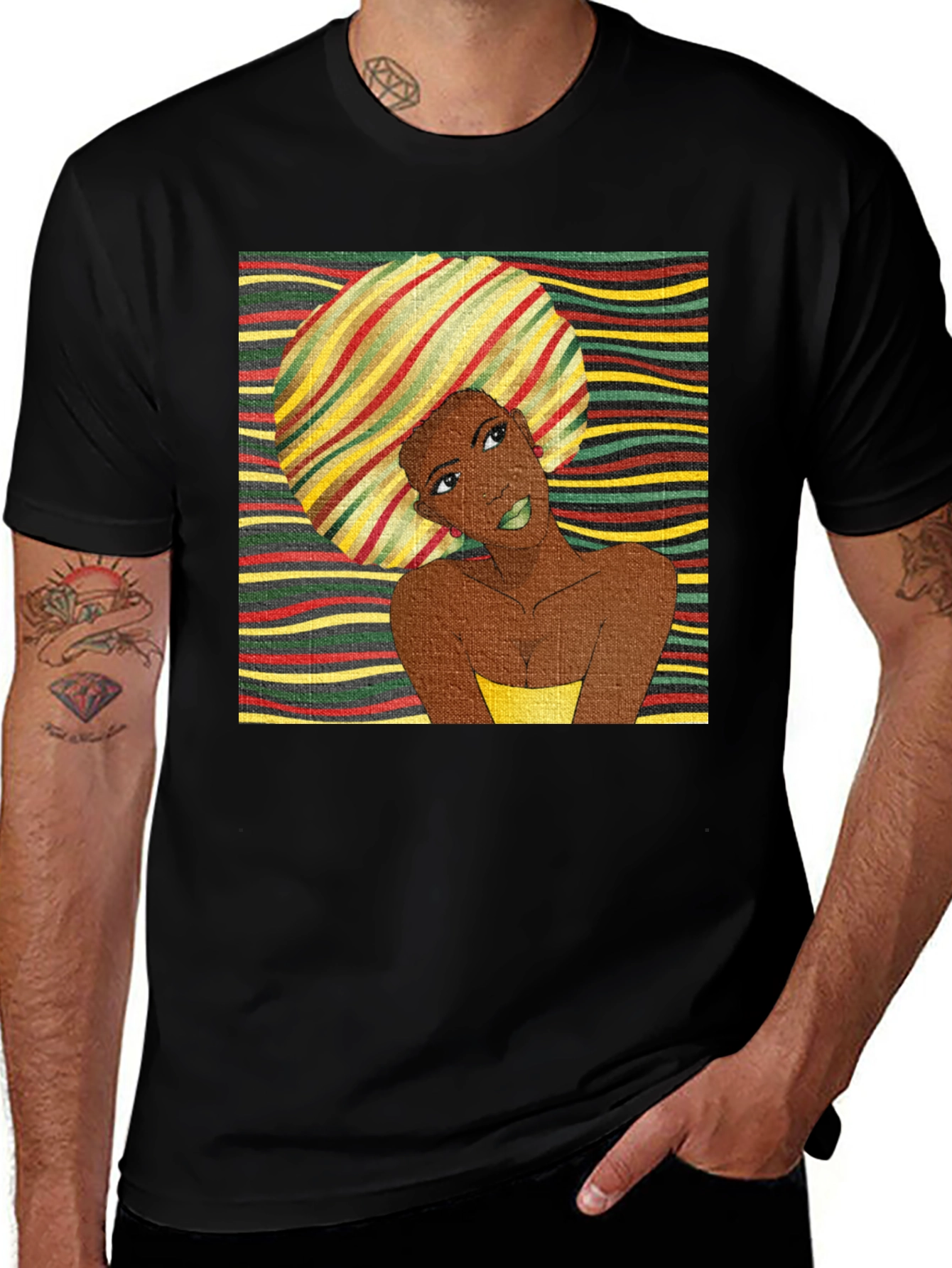 Stylish Afro Woman Graphic Tee - Black Cotton