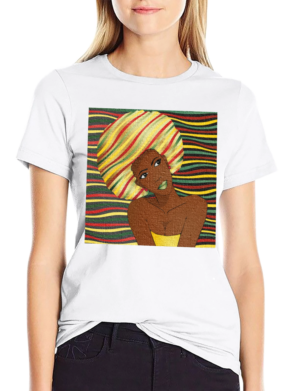 Stylish Afro Woman Graphic Tee - Black Cotton