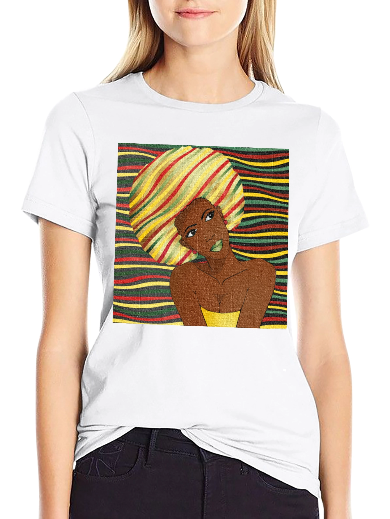 Stylish Afro Woman Graphic Tee - Black Cotton
