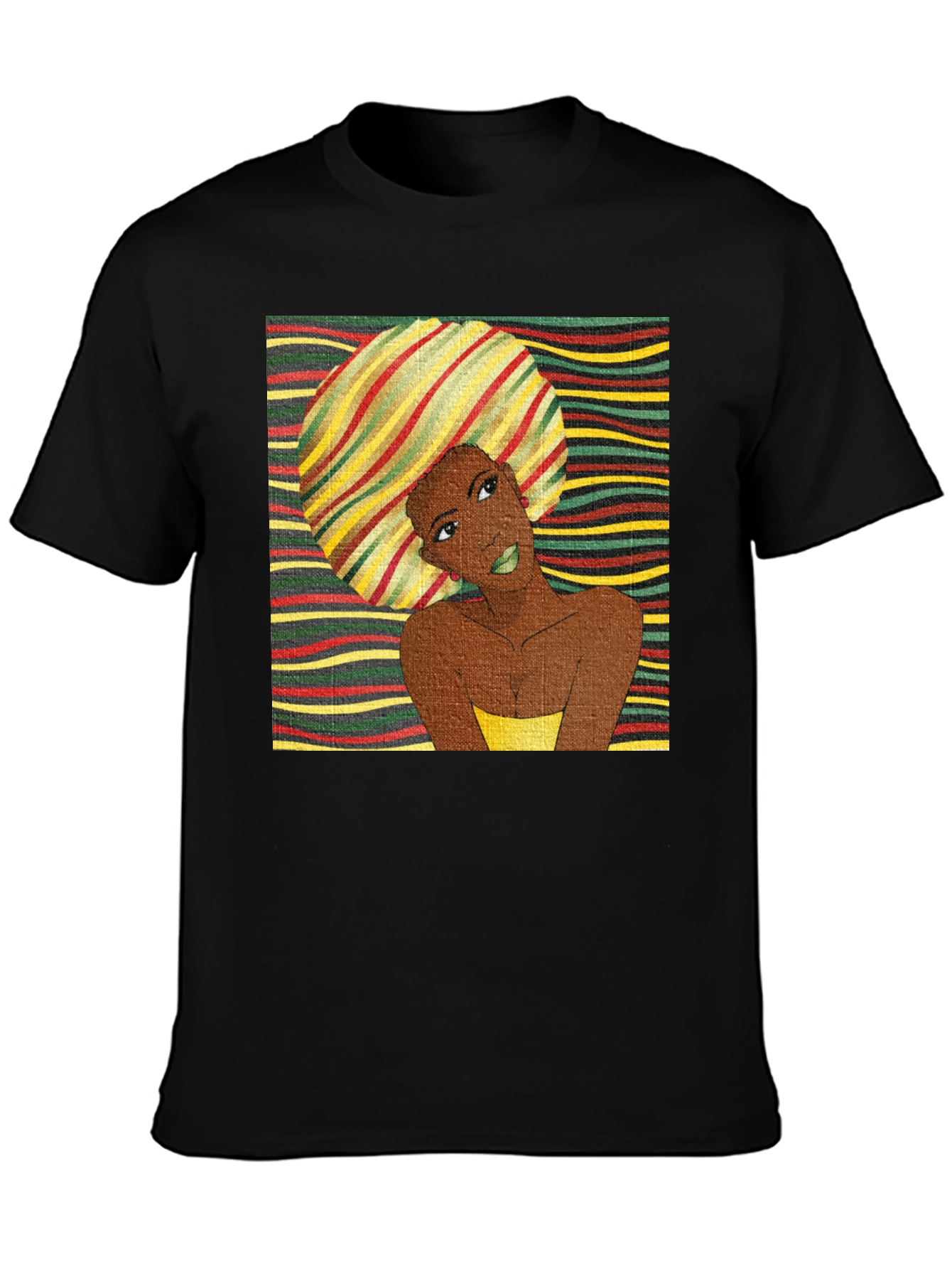 Stylish Afro Woman Graphic Tee - Black Cotton