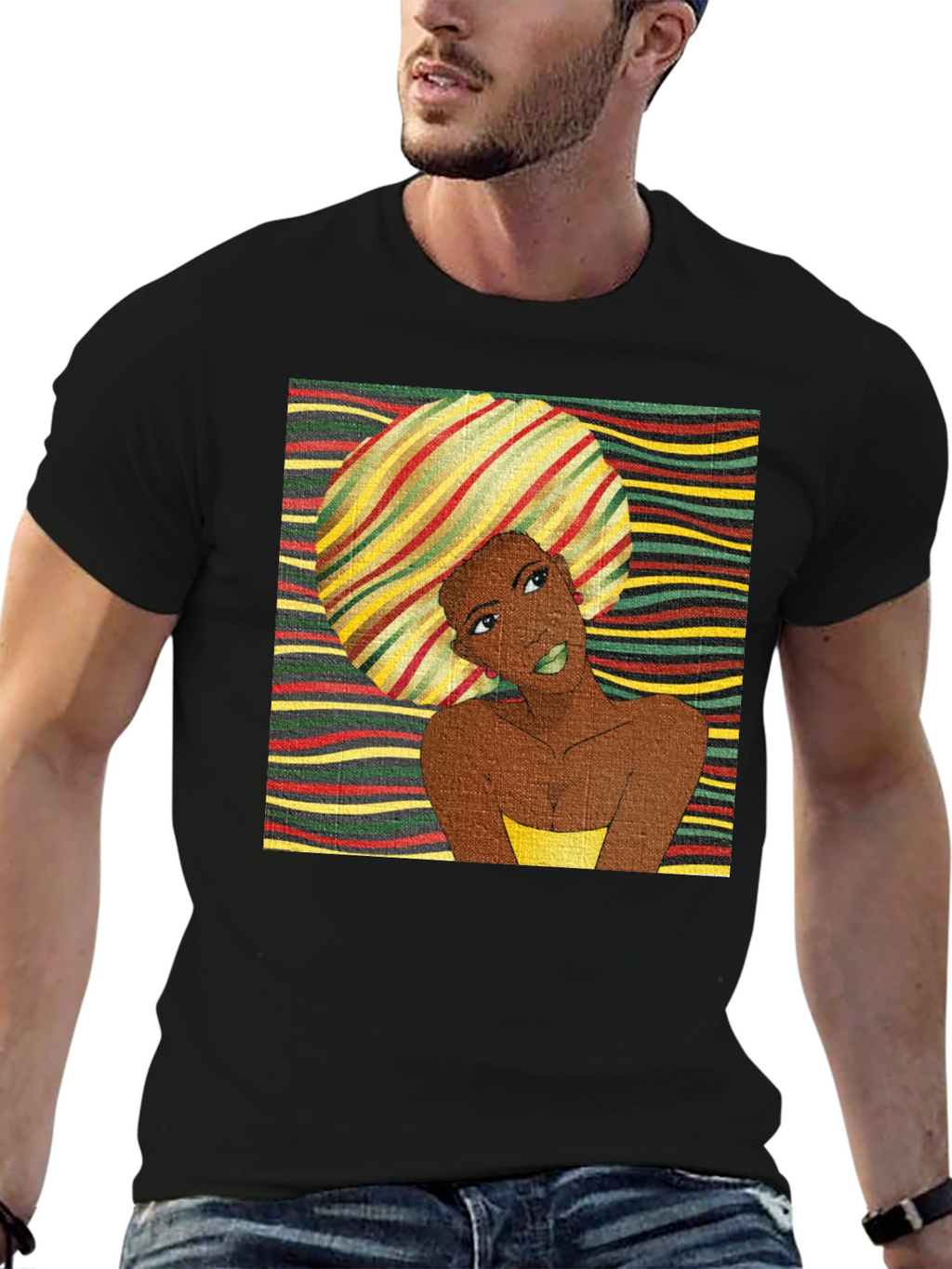 Stylish Afro Woman Graphic Tee - Black Cotton