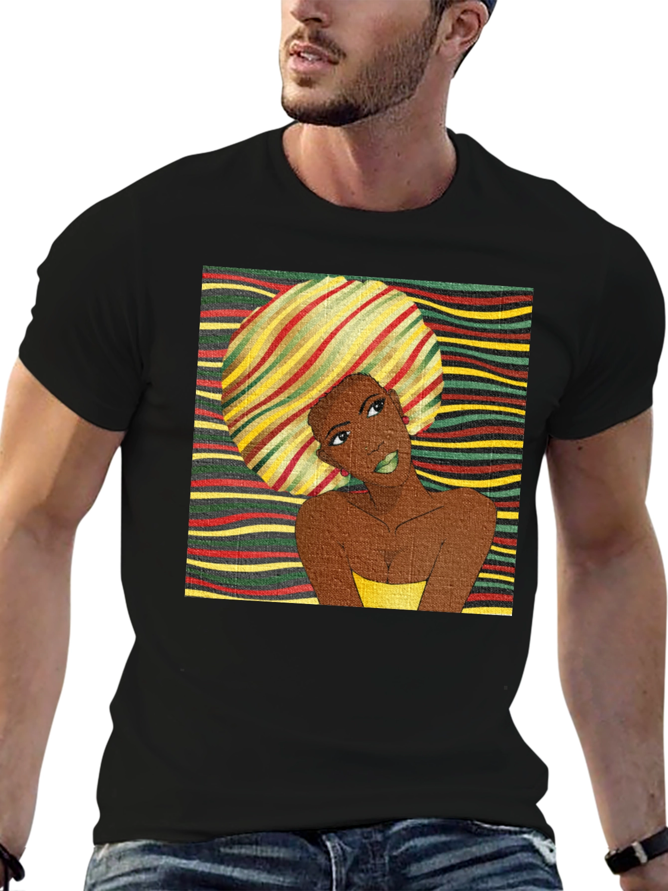 Stylish Afro Woman Graphic Tee - Black Cotton