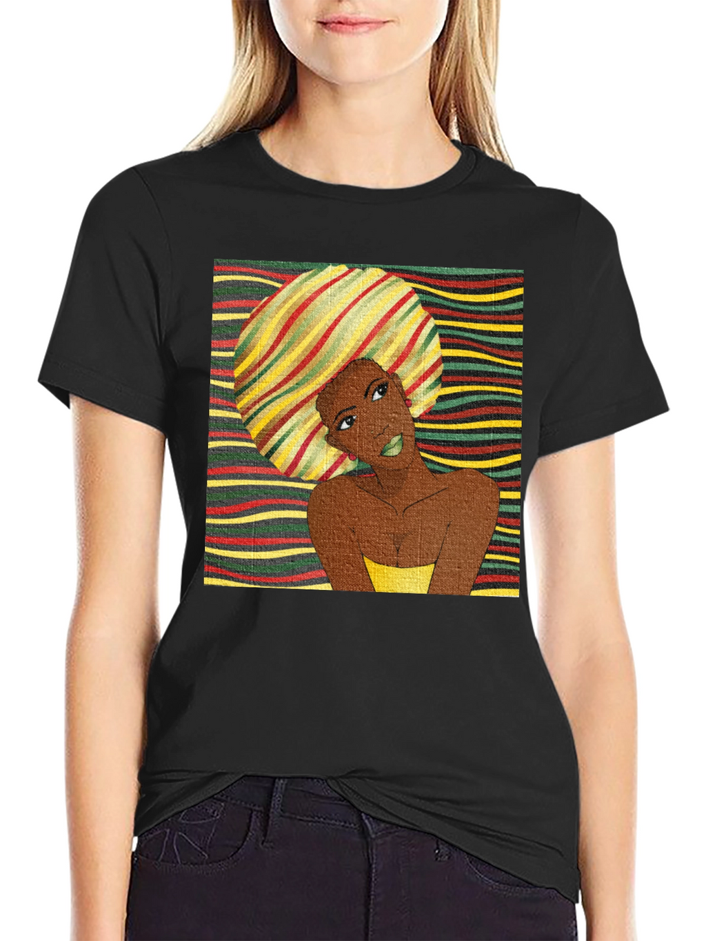 Stylish Afro Woman Graphic Tee - Black Cotton