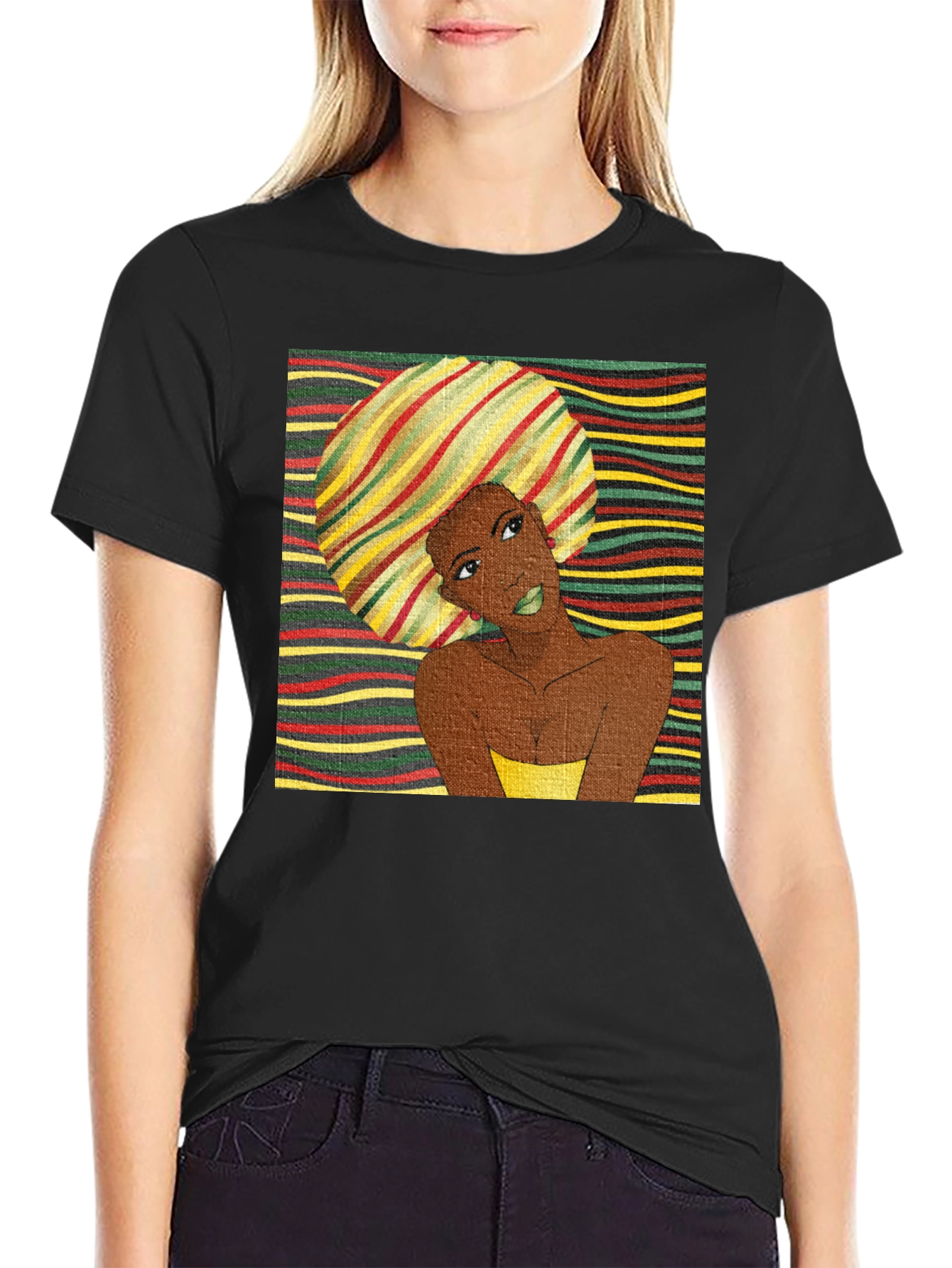 Stylish Afro Woman Graphic Tee - Black Cotton