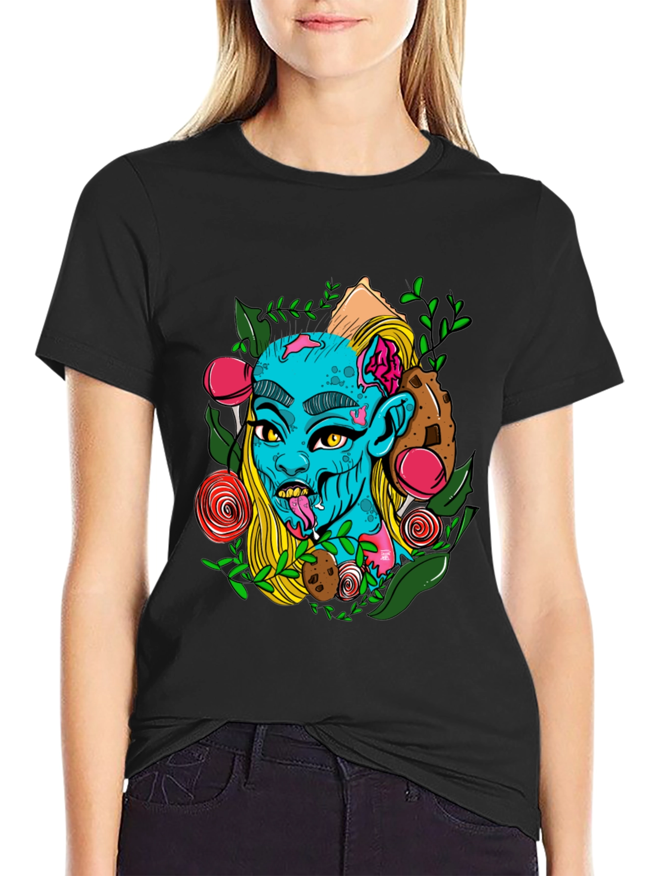 Zombie Girl Graphic Print Black T-Shirt