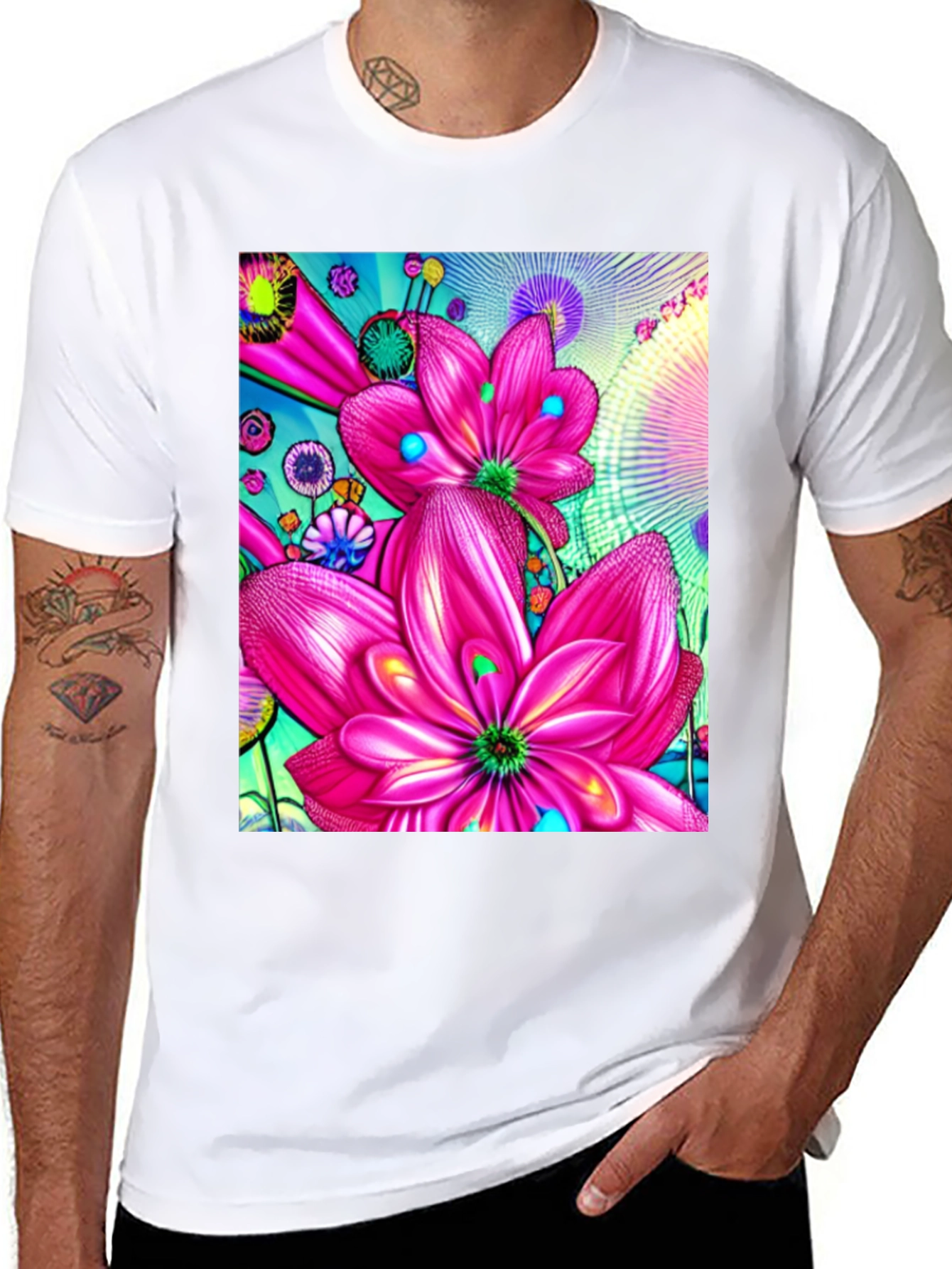 Floral Print Black Cotton T-Shirt