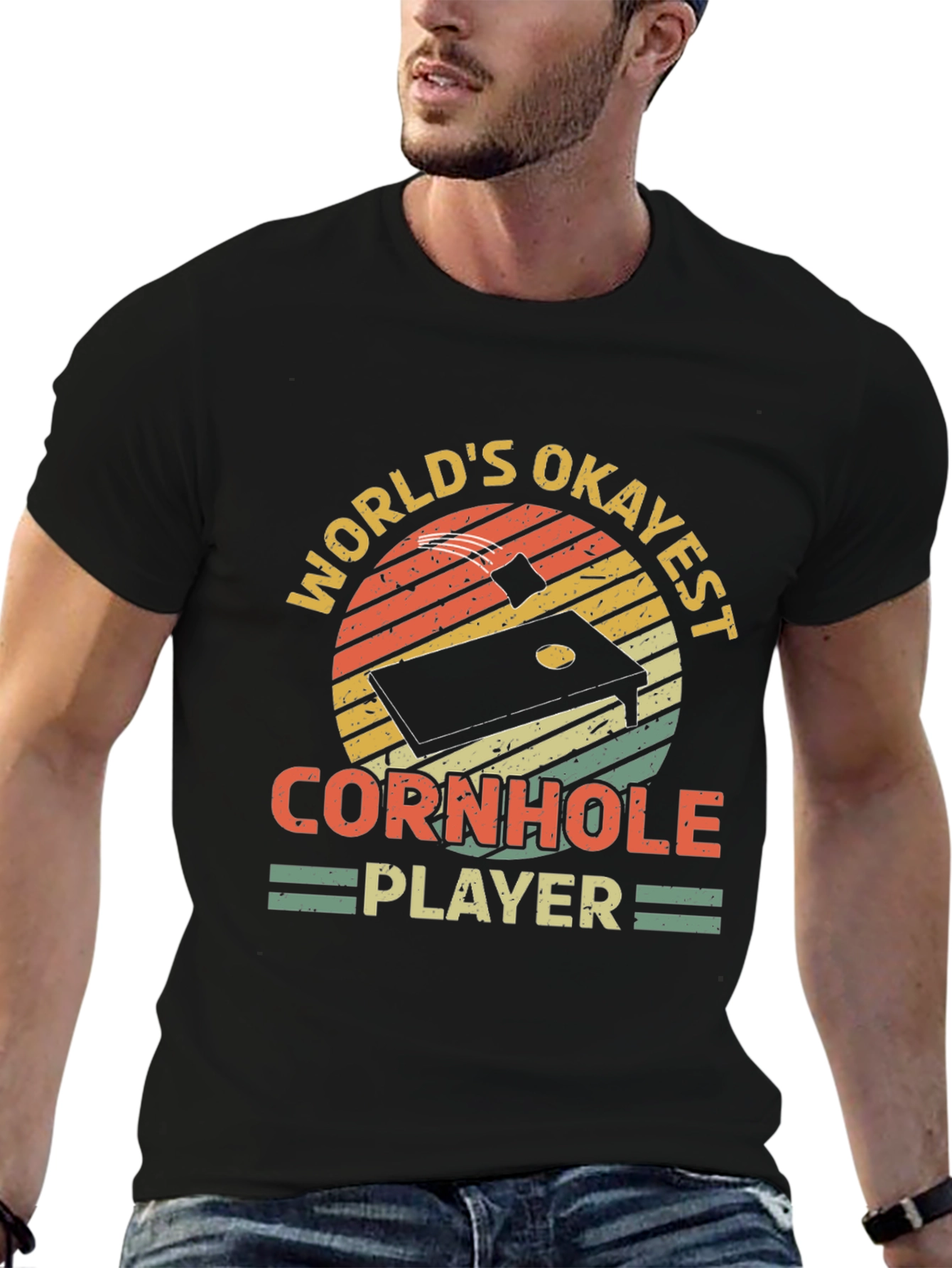 Worlds Okayest Cornhole Player Black T-Shirt
