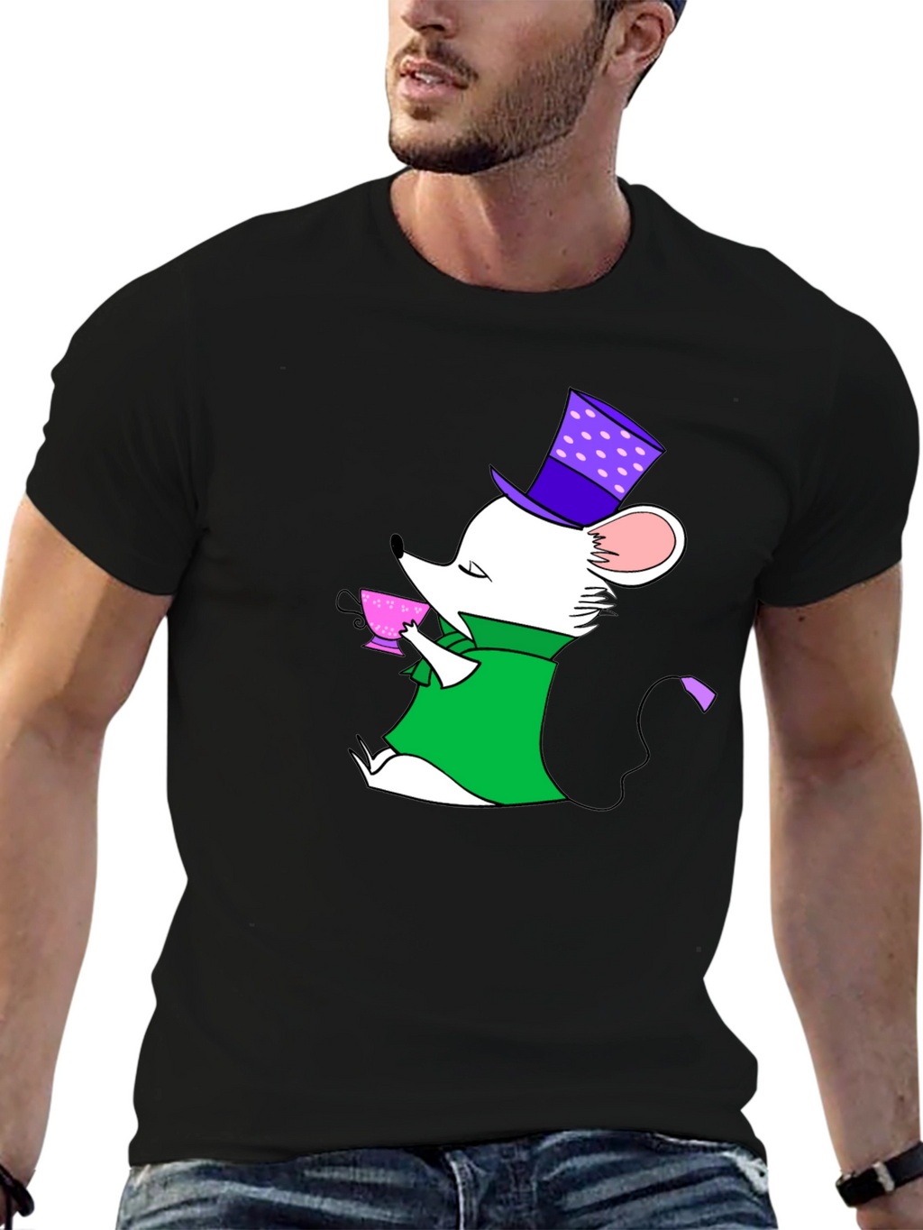 Whimsical Mouse Tea Party Black T-Shirt