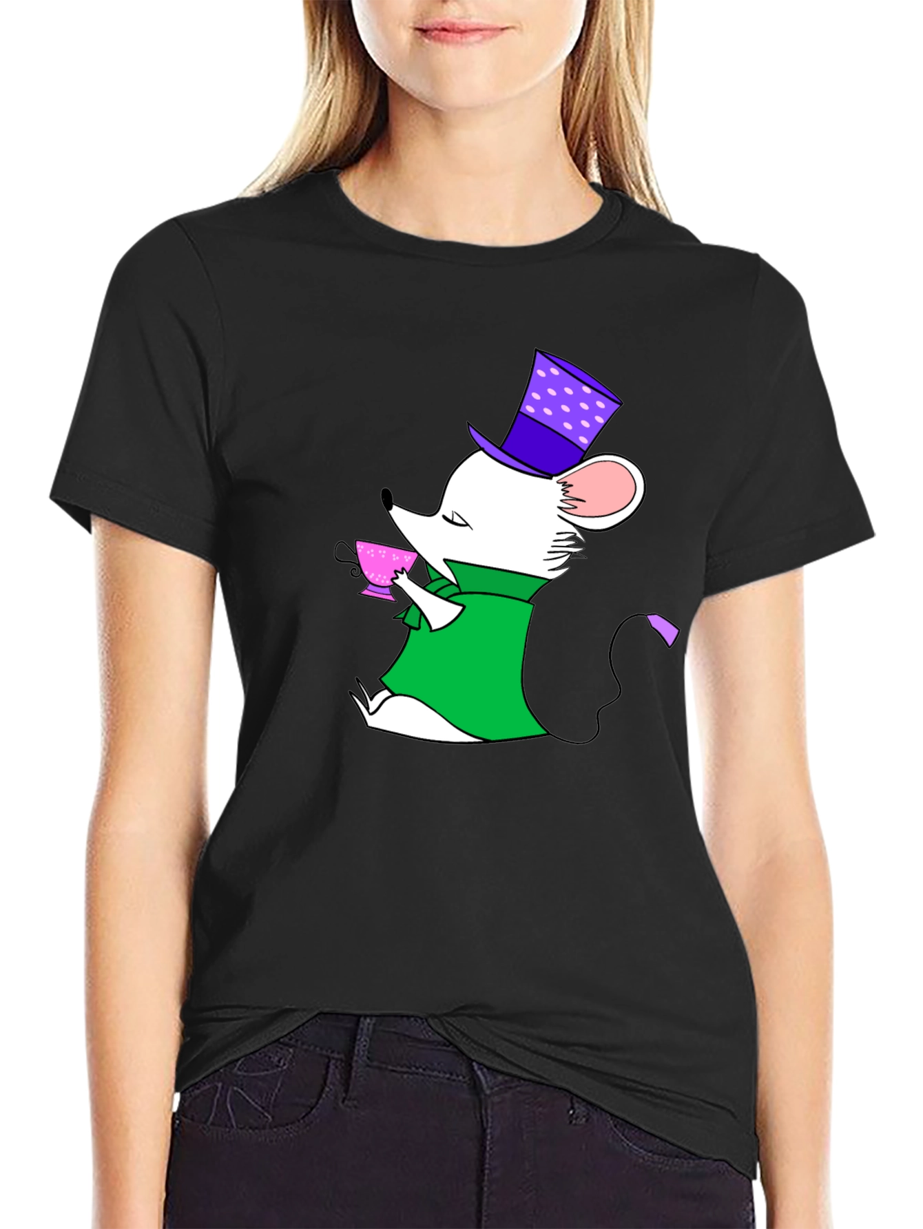 Whimsical Mouse Tea Party Black T-Shirt