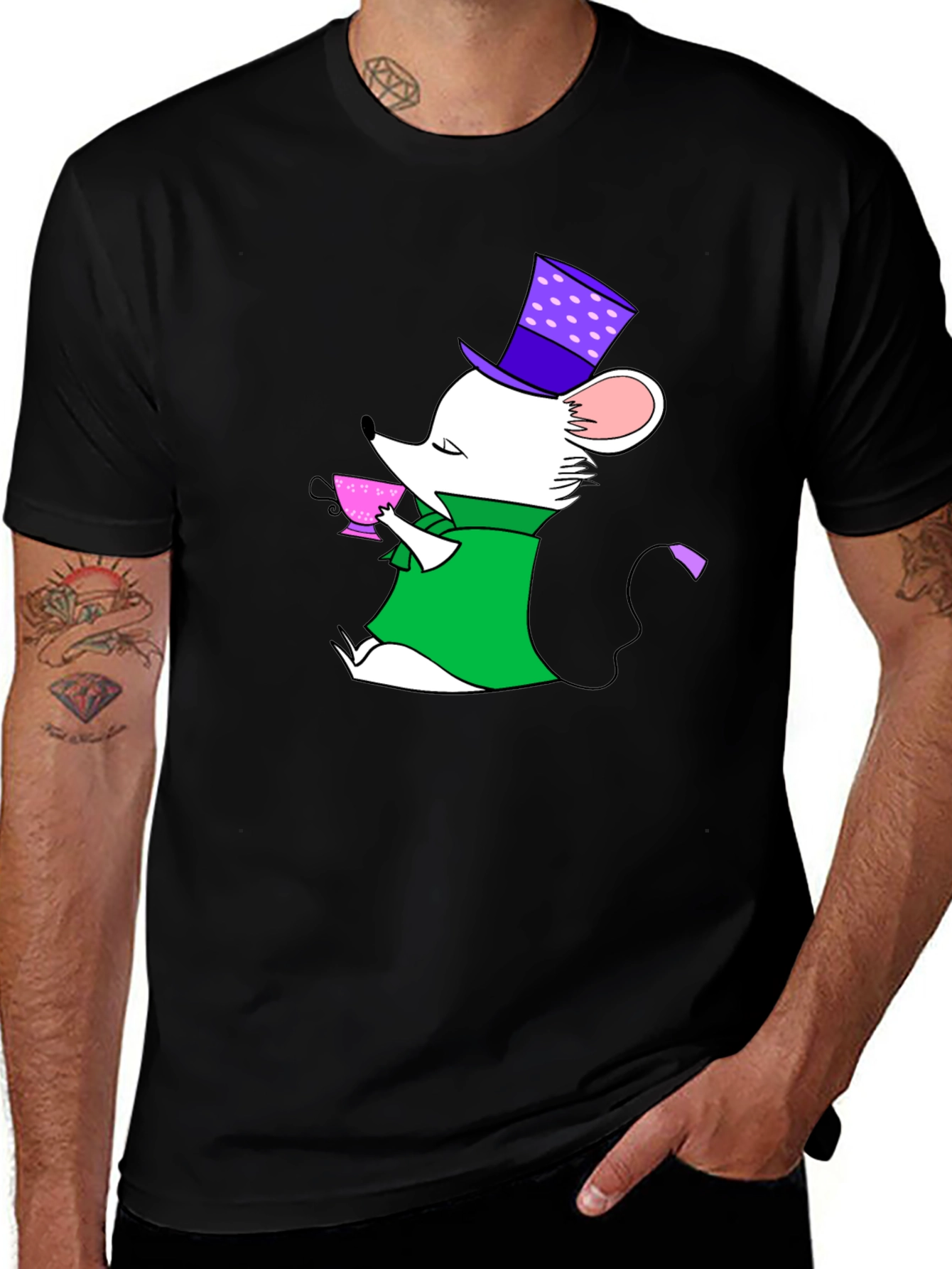 Whimsical Mouse Tea Party Black T-Shirt