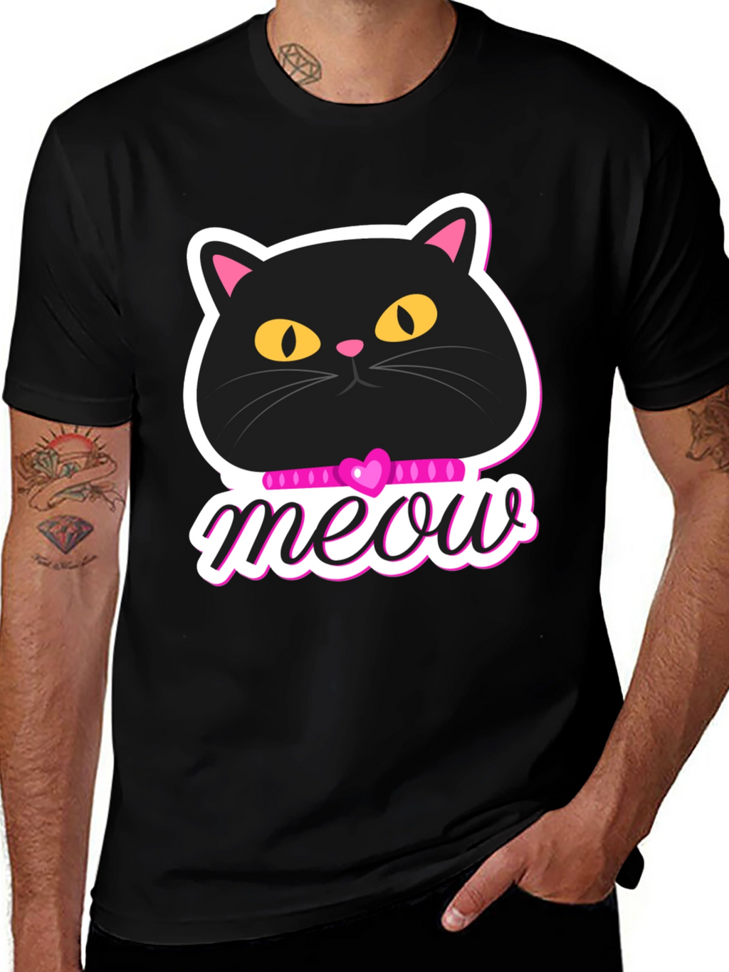 Cute Cat Meow Graphic T-Shirt - Black