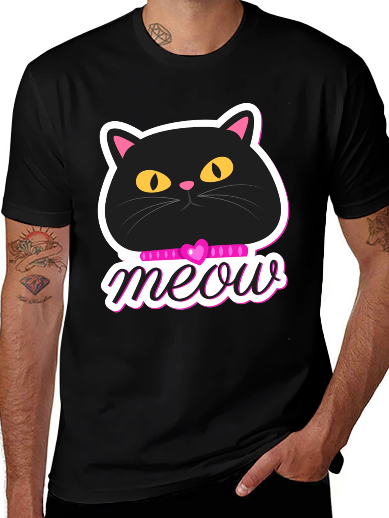 Cute Cat Meow Graphic T-Shirt - Black