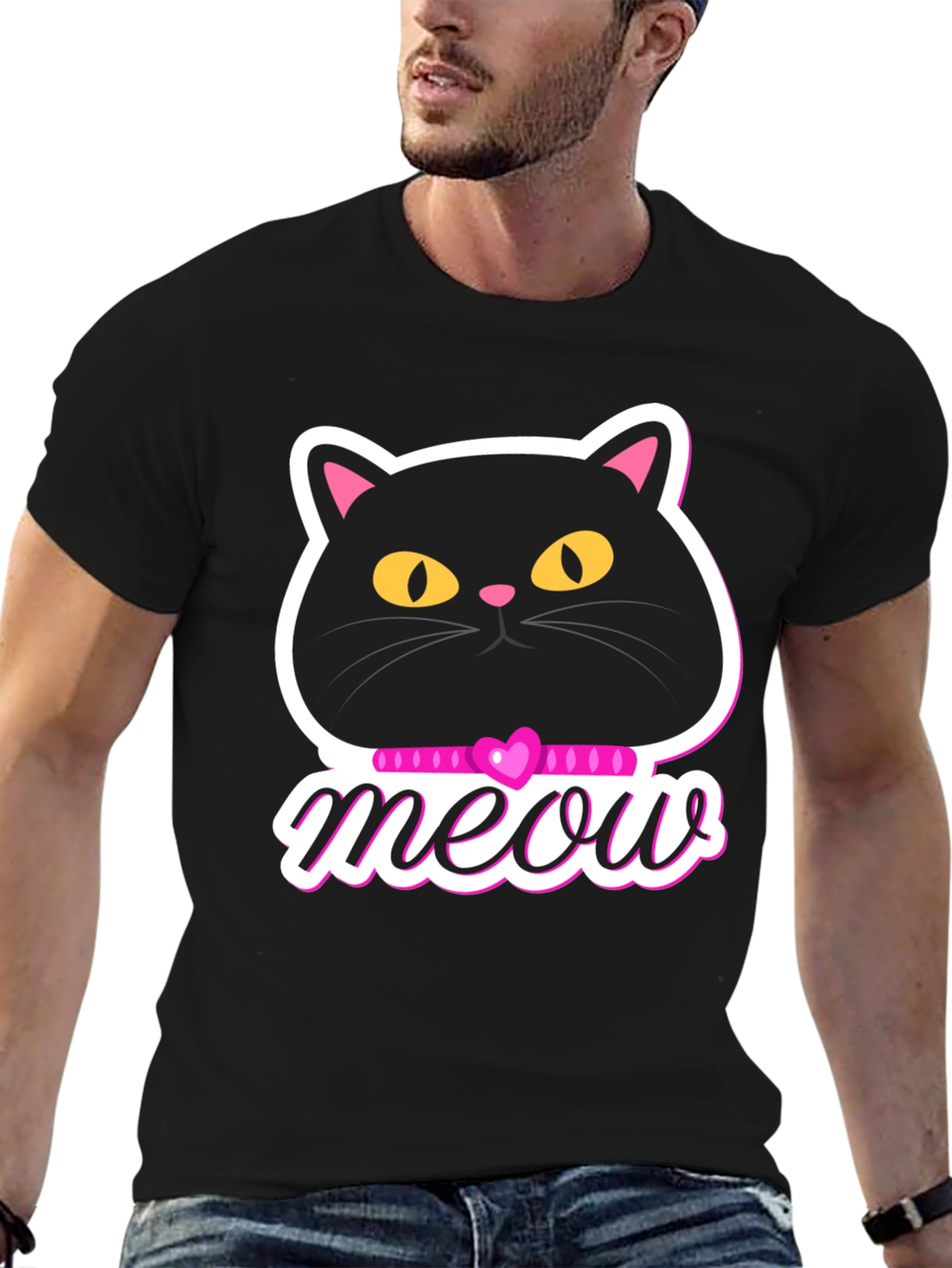 Cute Cat Meow Graphic T-Shirt - Black