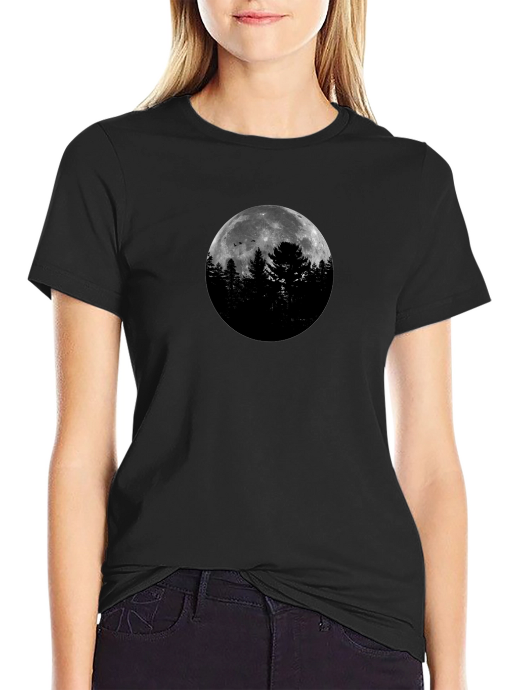 Moonlit Forest Graphic Tee - Black Cotton Shirt