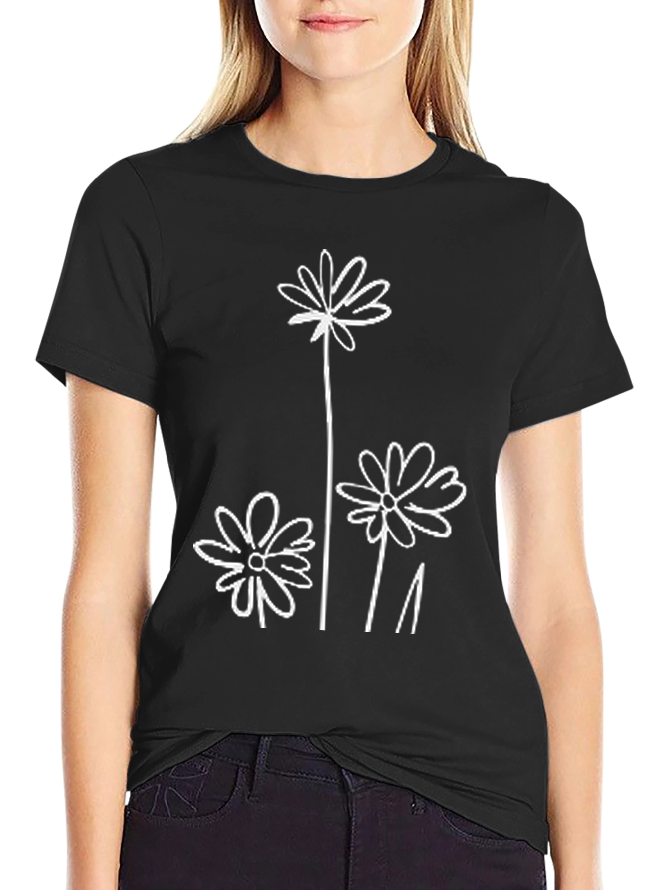 Minimalist Flower Graphic T-Shirt - Black