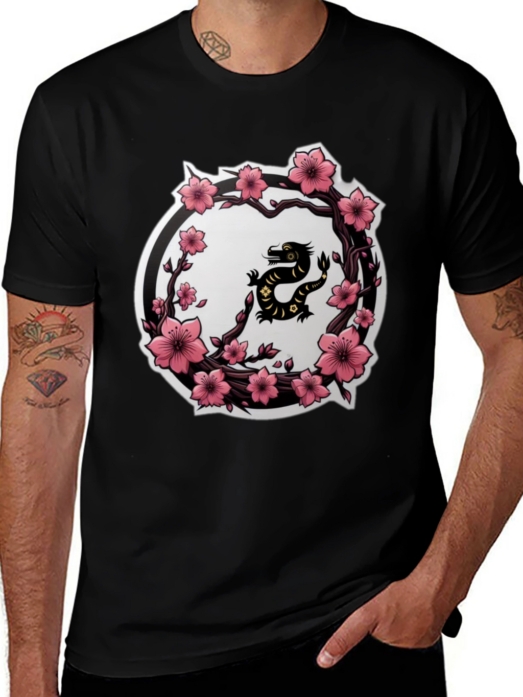 Cherry Blossom Dragon T-Shirt - Black