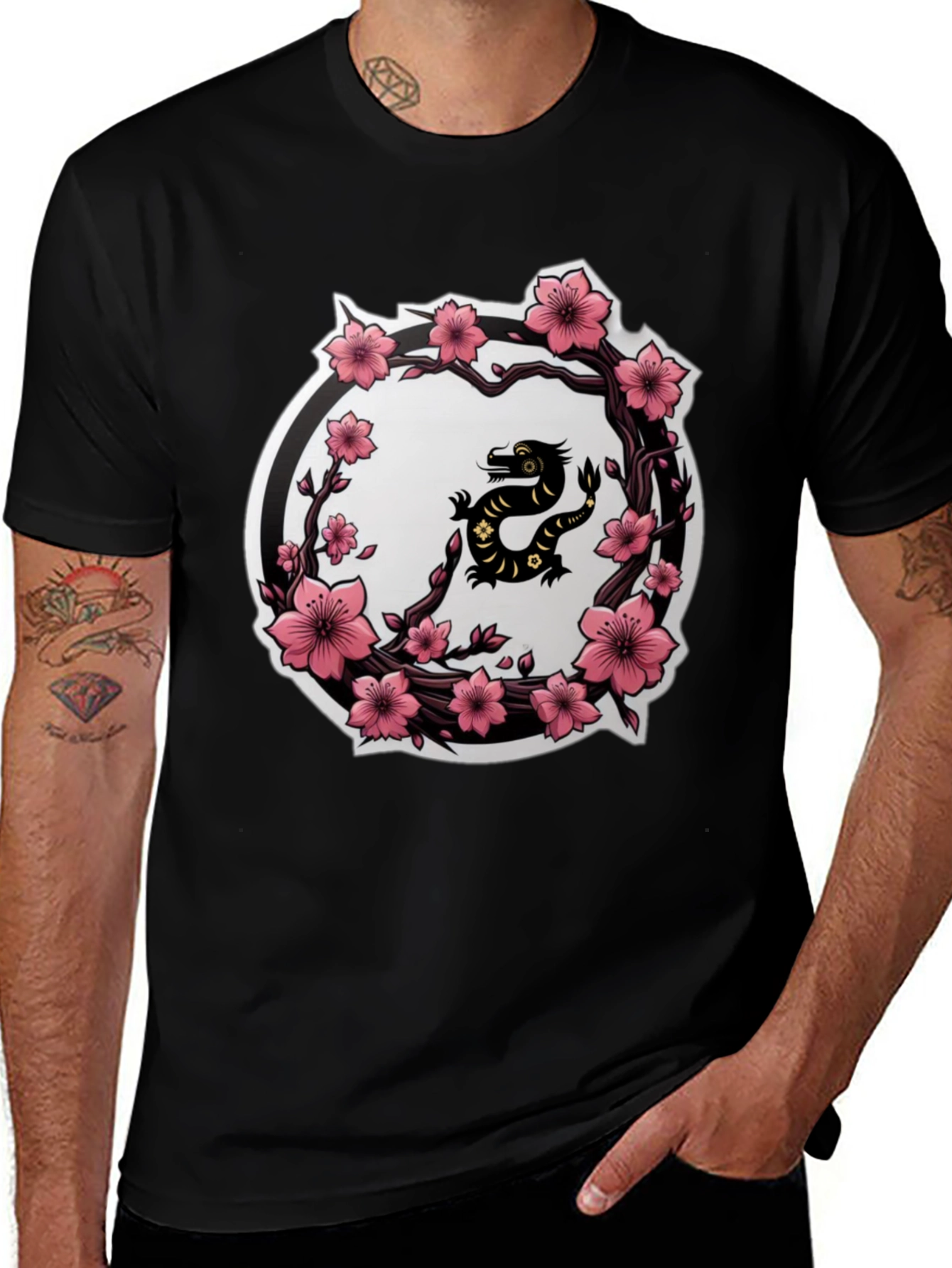 Cherry Blossom Dragon T-Shirt - Black