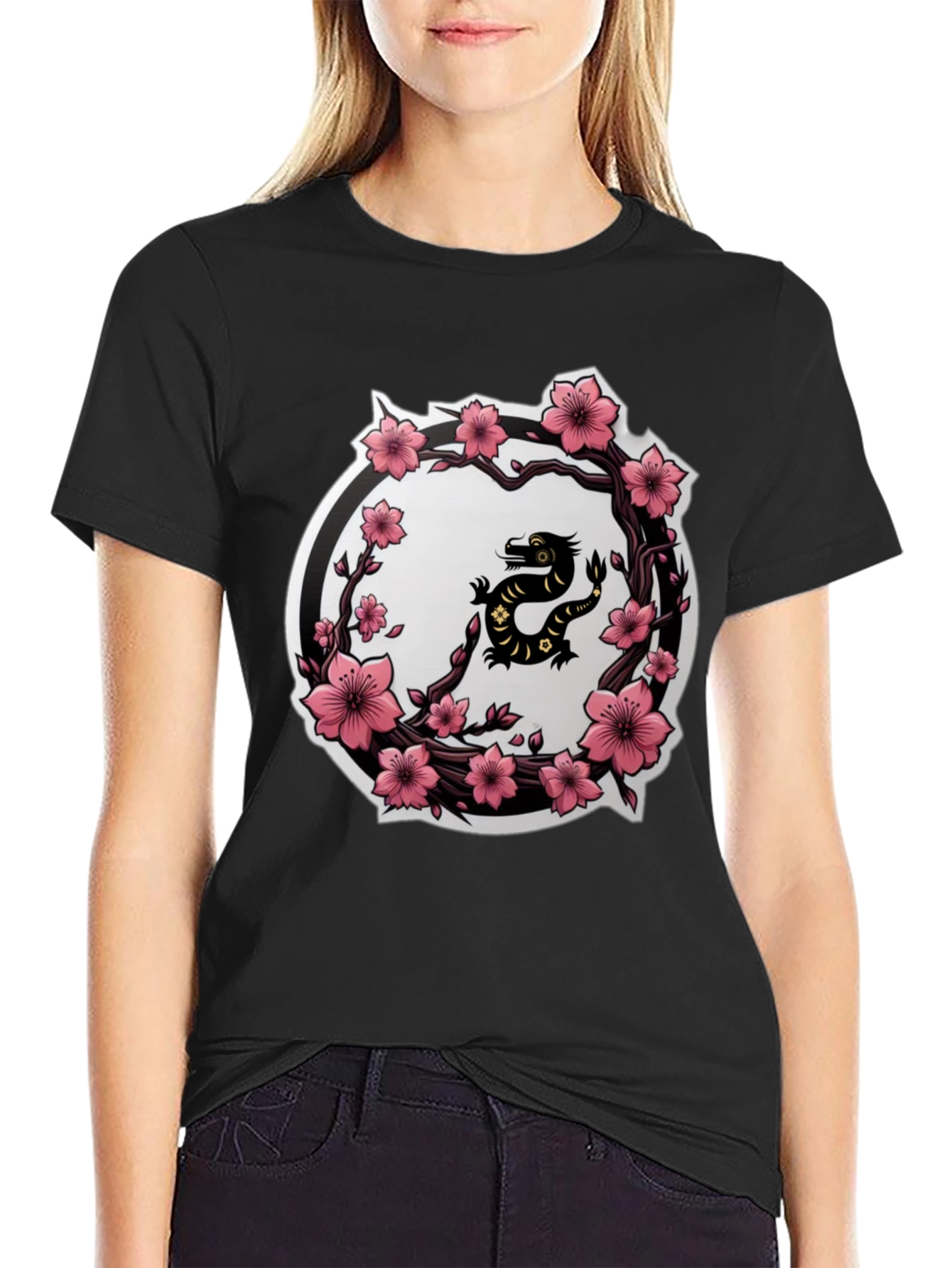 Cherry Blossom Dragon T-Shirt - Black