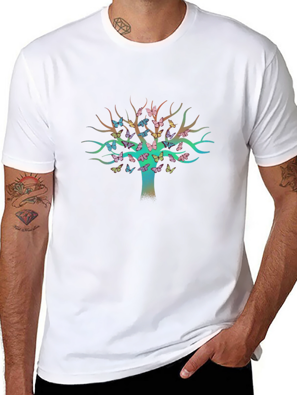 Butterfly Tree Graphic Tee - Stylish Mens Black T-Shirt