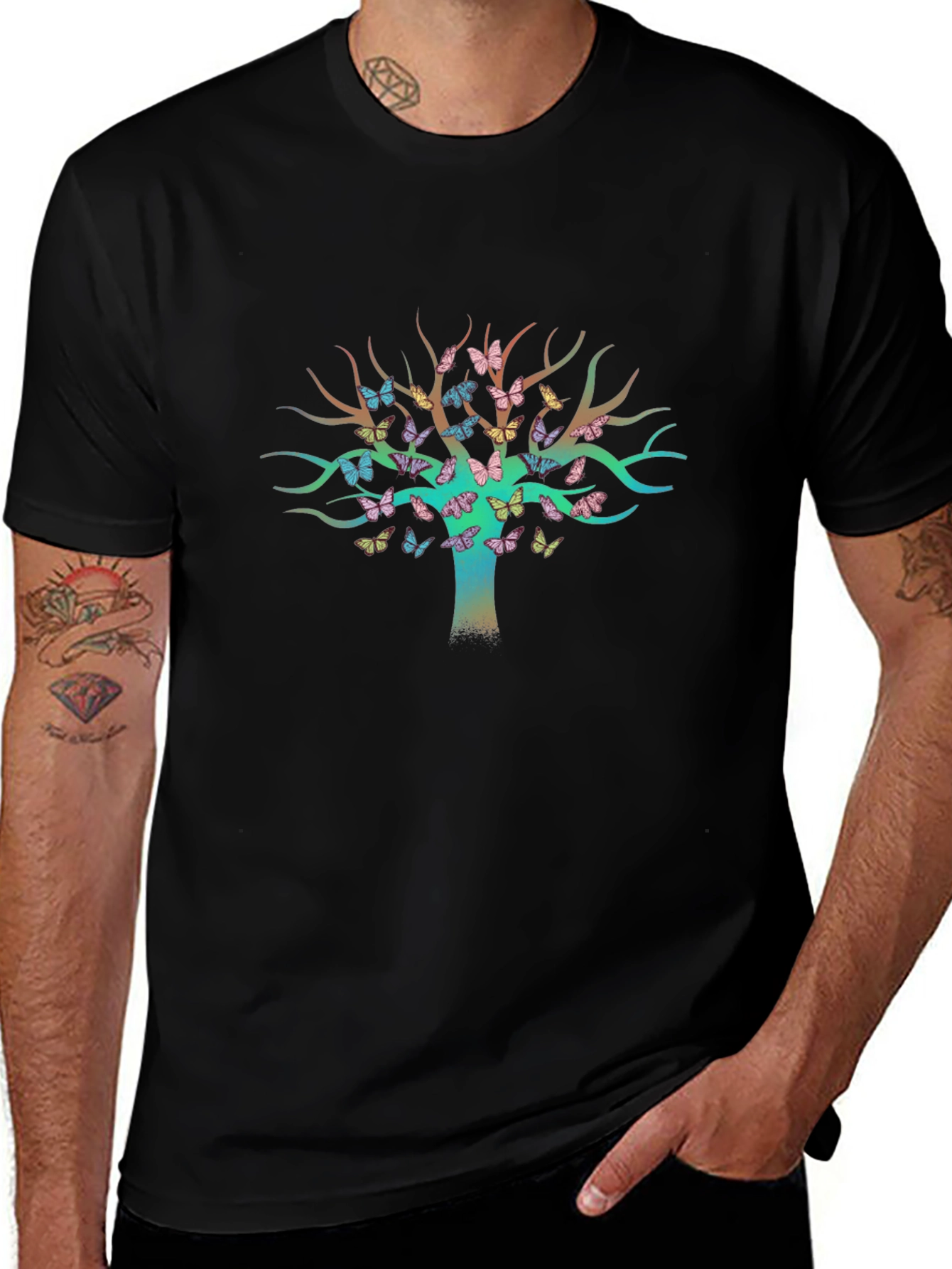 Butterfly Tree Graphic Tee - Stylish Mens Black T-Shirt