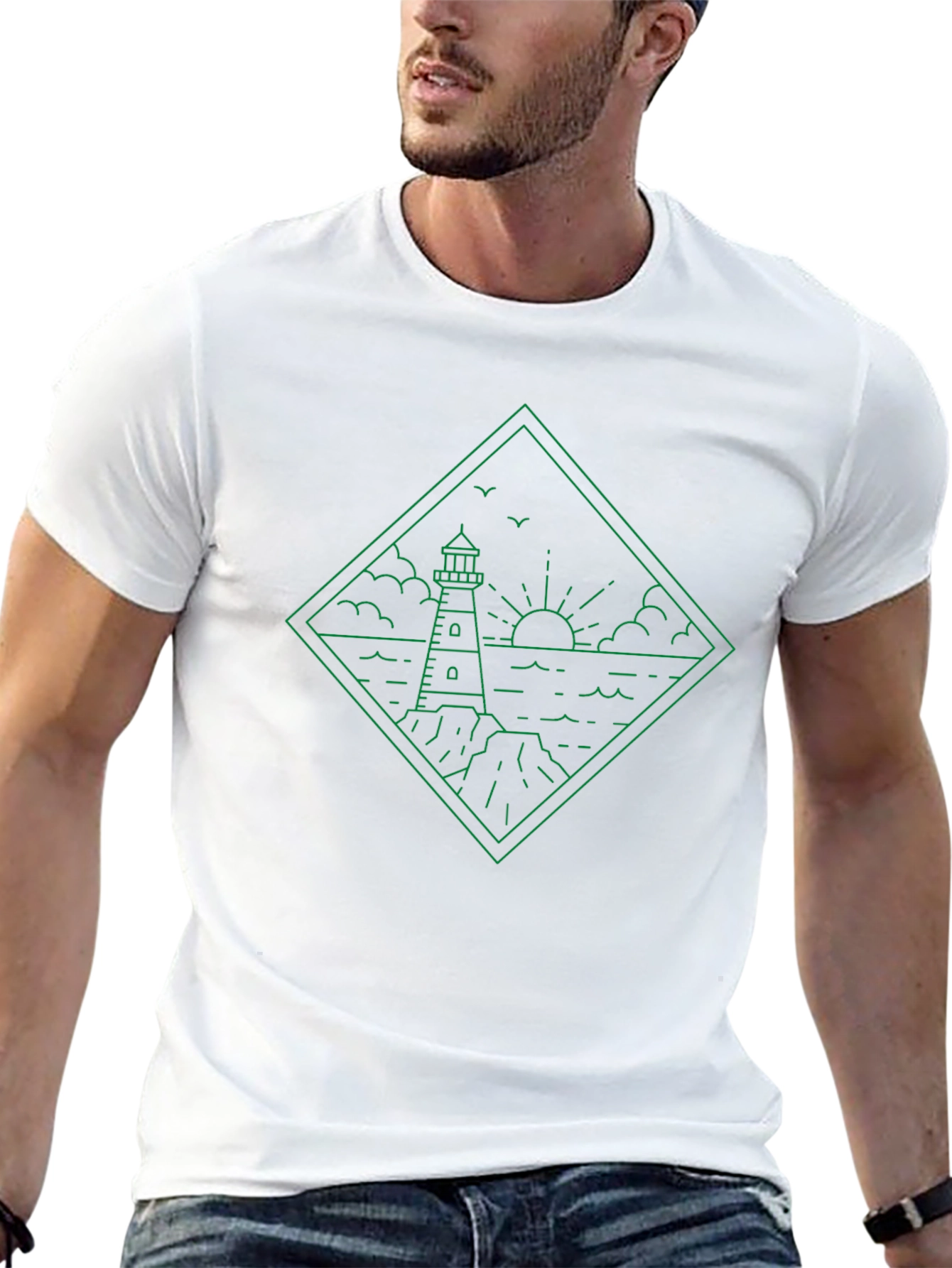 Lighthouse Graphic Tee - Coastal Line Art Shirt
