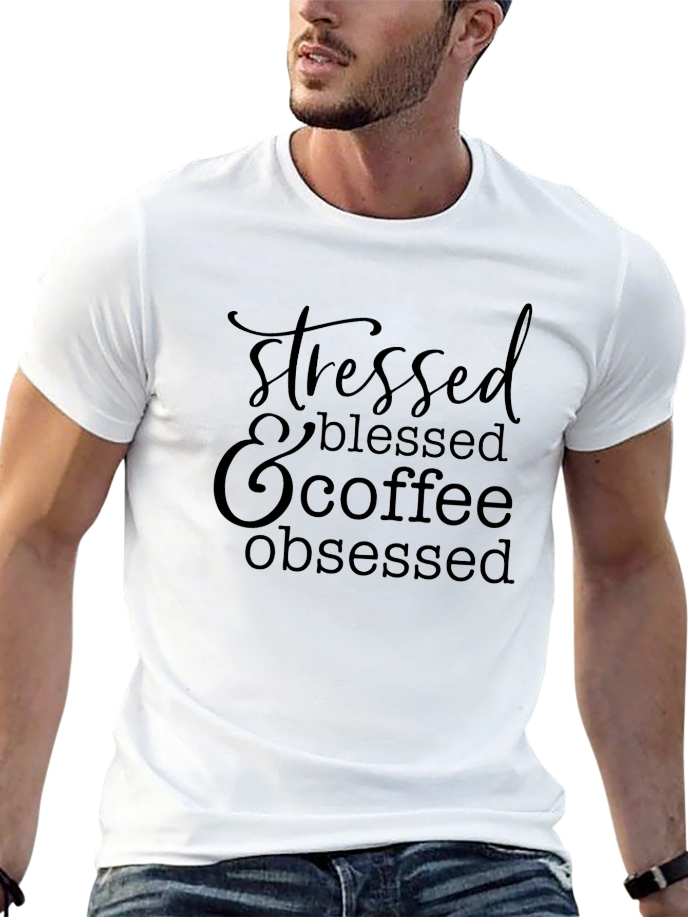 Stressed Blessed Coffee Obsessed Black T-Shirt