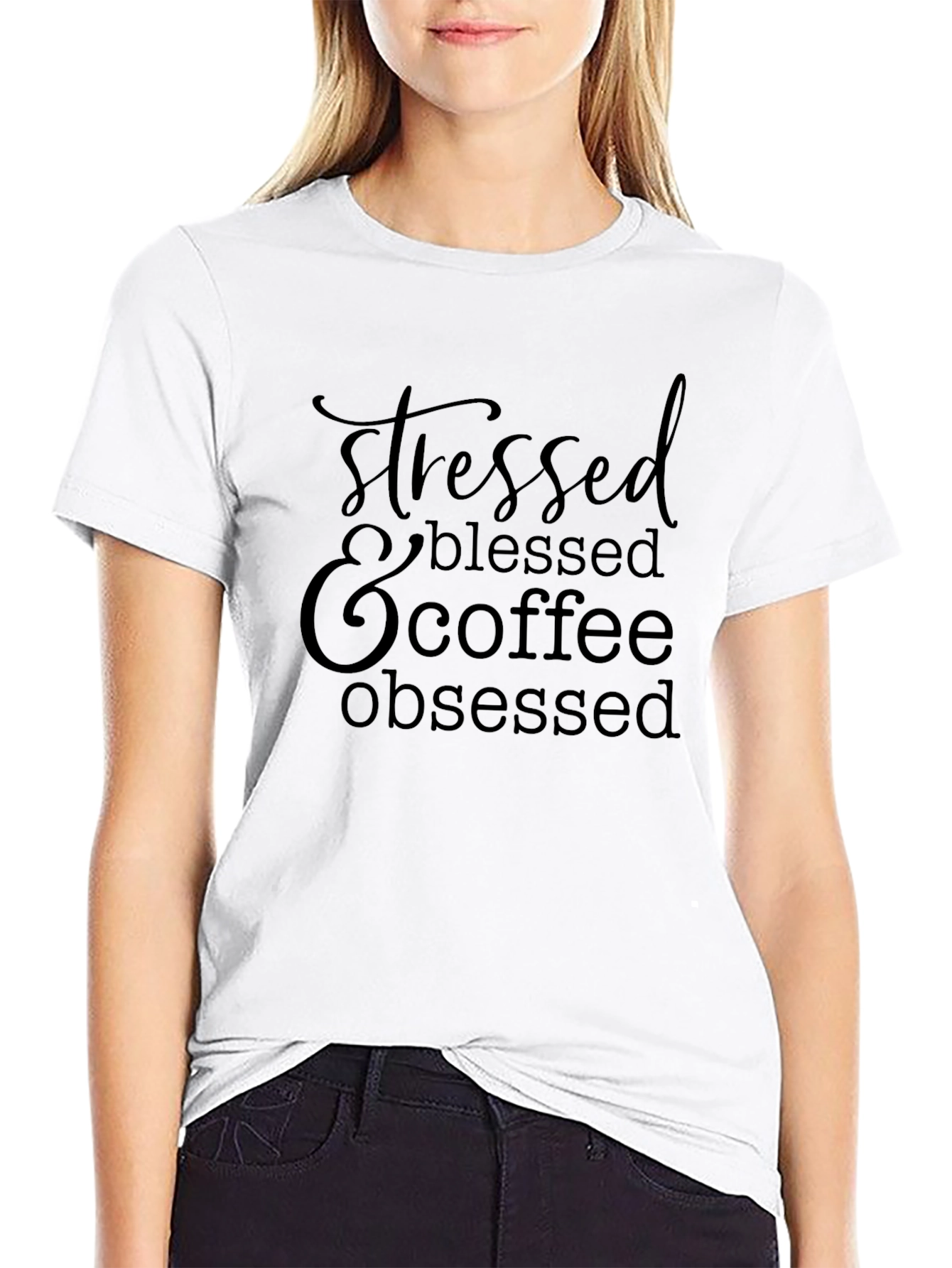 Stressed Blessed Coffee Obsessed Black T-Shirt