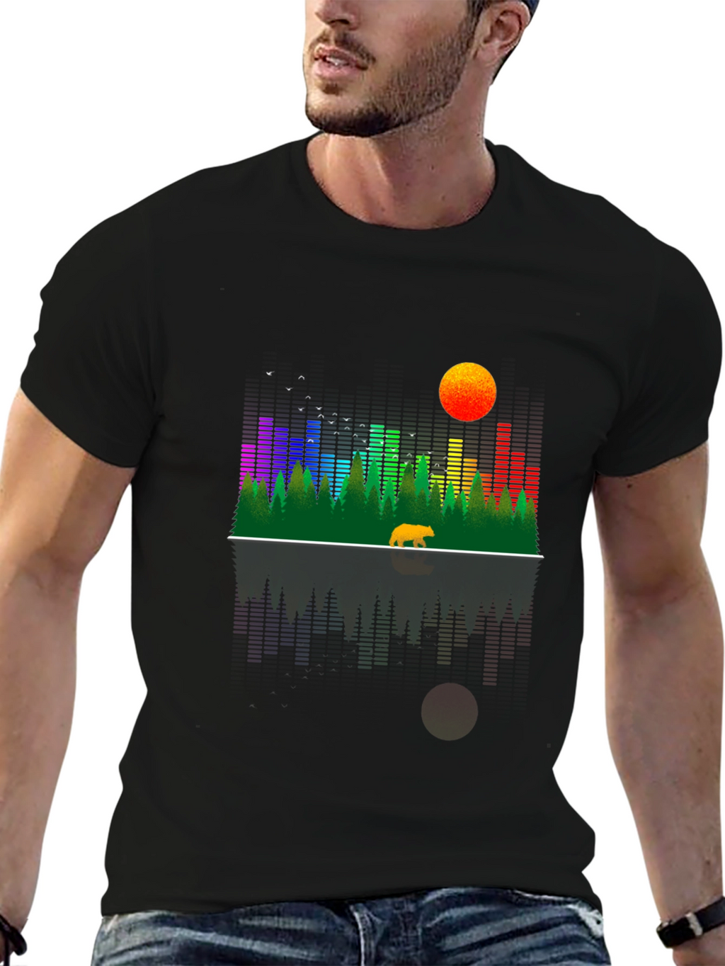 Nature Inspired Bear Graphic Tee - Black Cotton Blend
