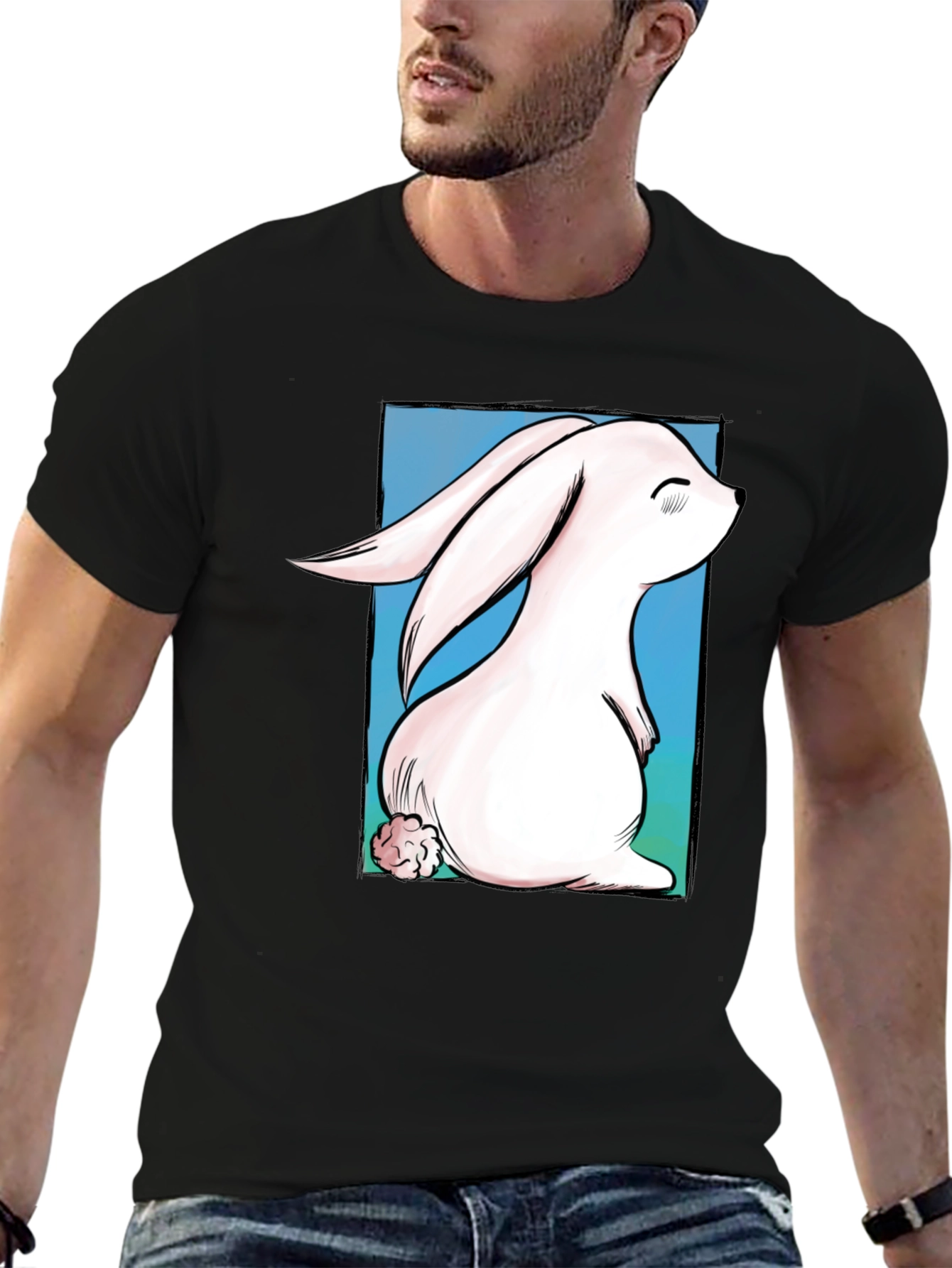 Cute Bunny Graphic Tee - Black Cotton T-Shirt