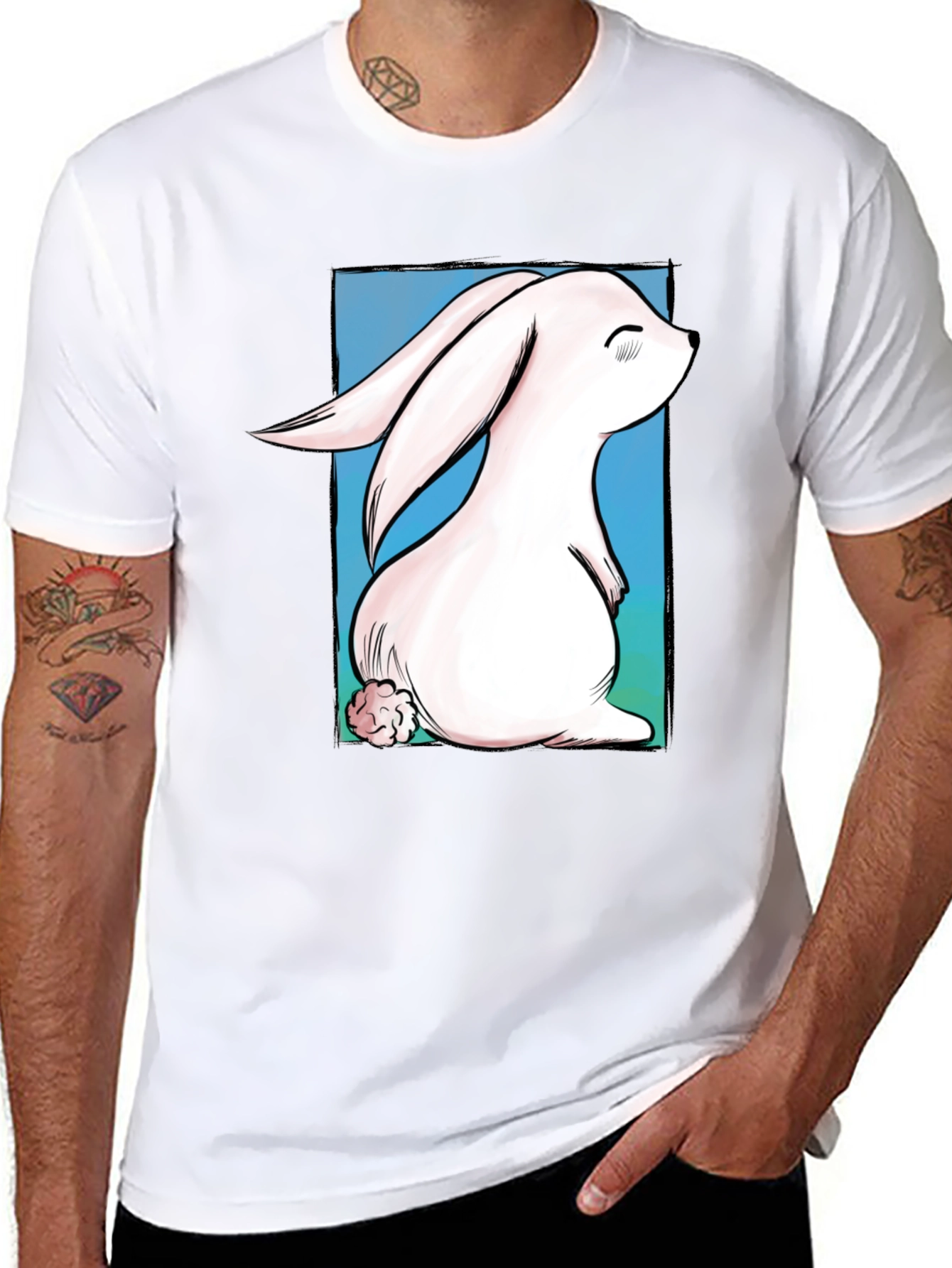 Cute Bunny Graphic Tee - Black Cotton T-Shirt