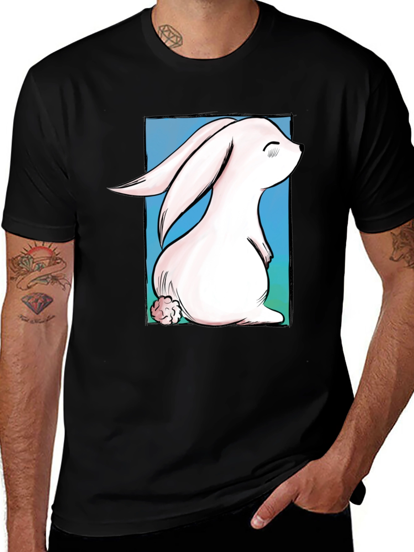 Cute Bunny Graphic Tee - Black Cotton T-Shirt