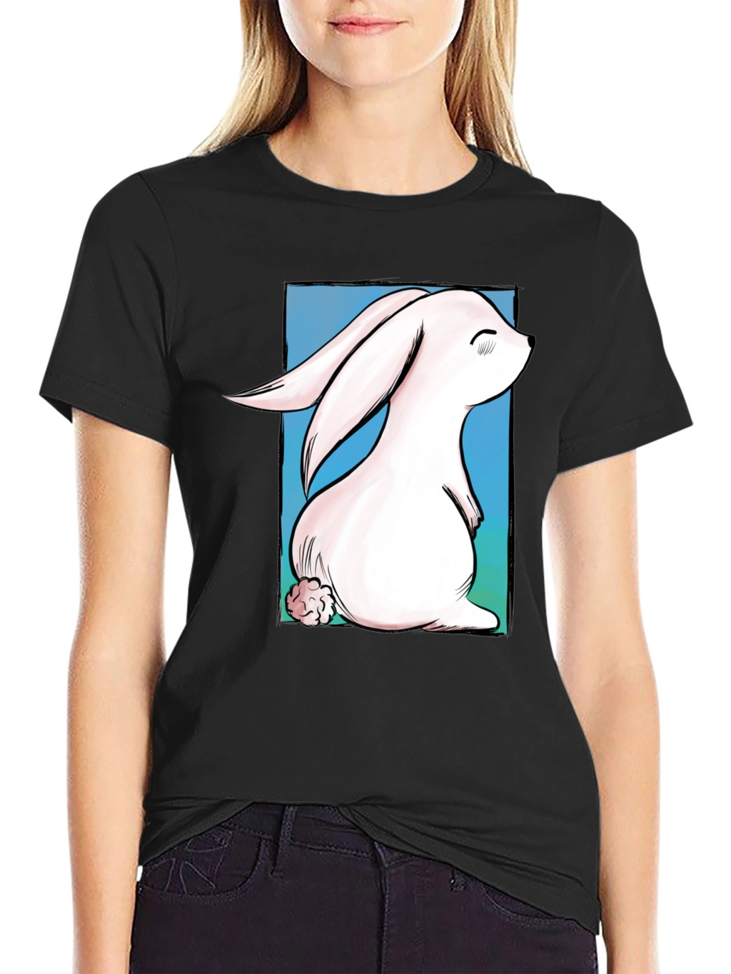 Cute Bunny Graphic Tee - Black Cotton T-Shirt