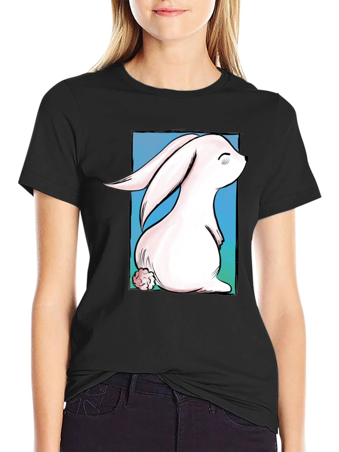 Cute Bunny Graphic Tee - Black Cotton T-Shirt
